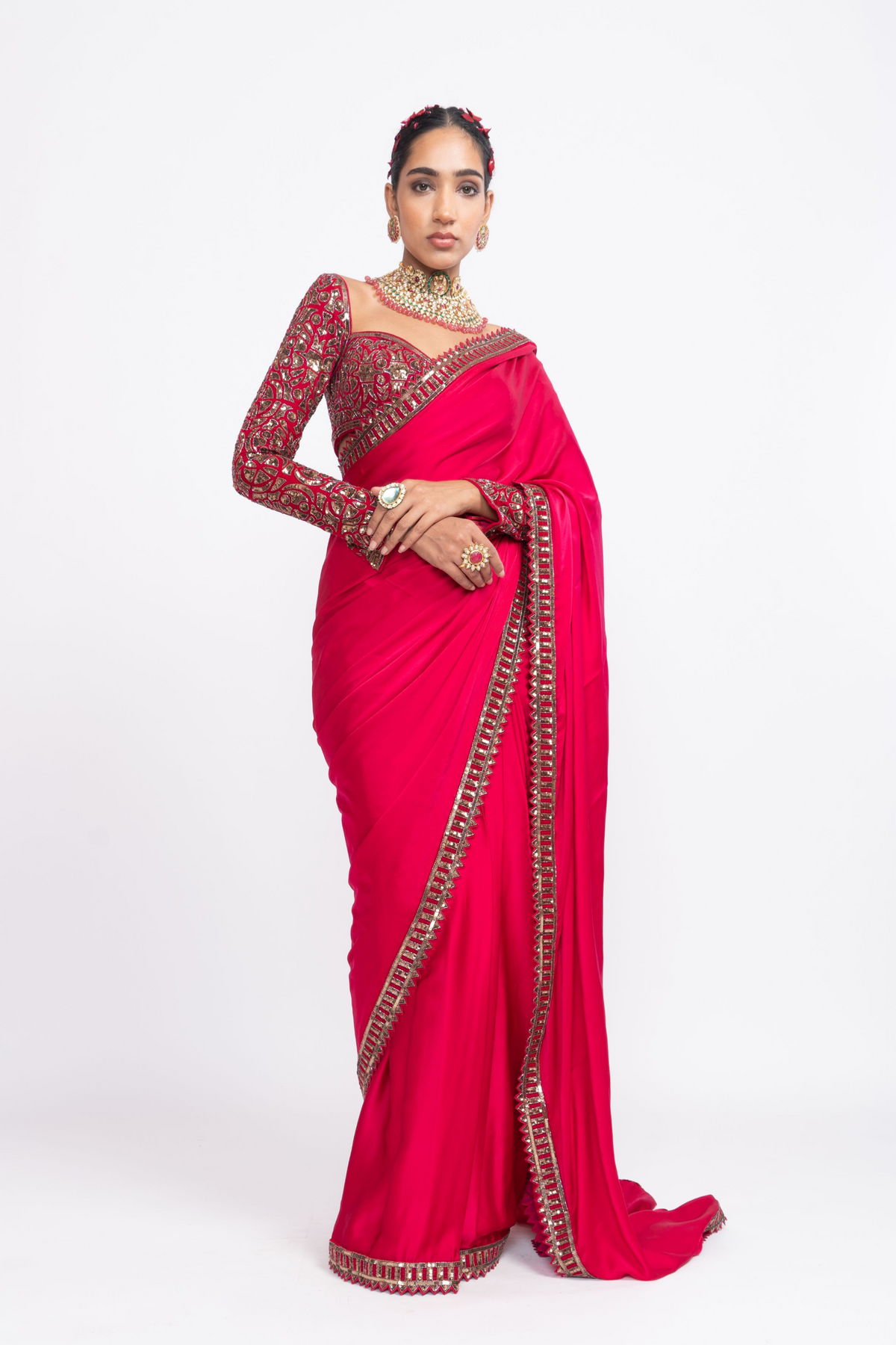 Red sarin saree set