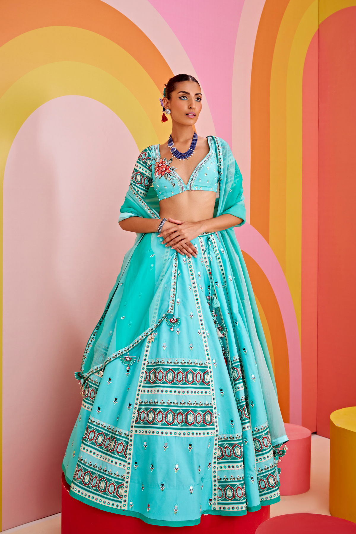 Aqua Green Embroidered Silk Lehenga Set