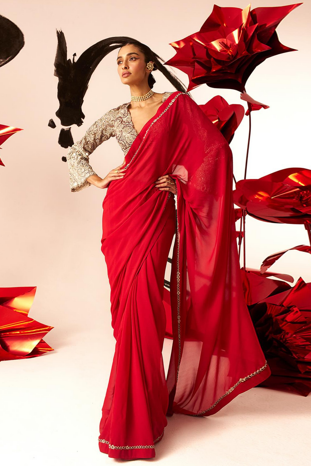 Georgette Red Saree Set