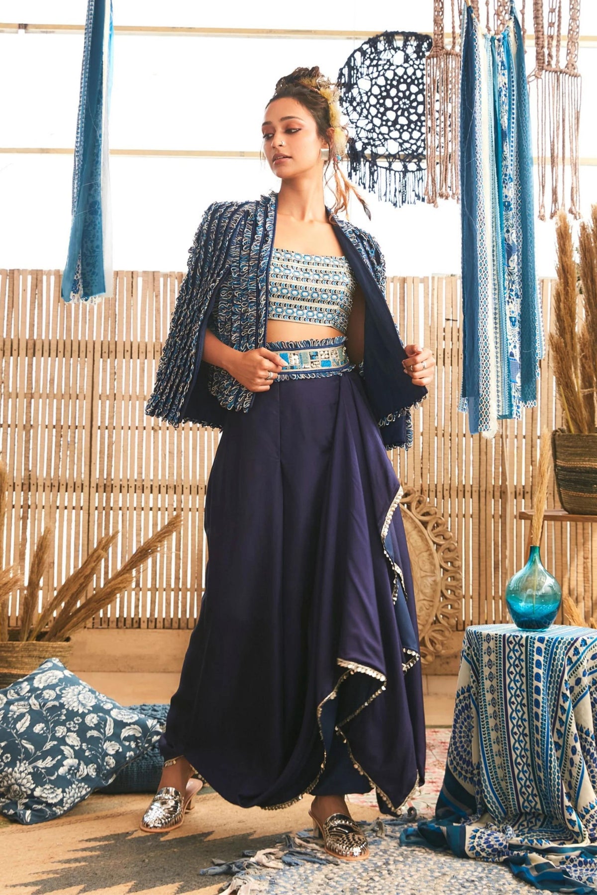Blue Textured Noor Jacket Set