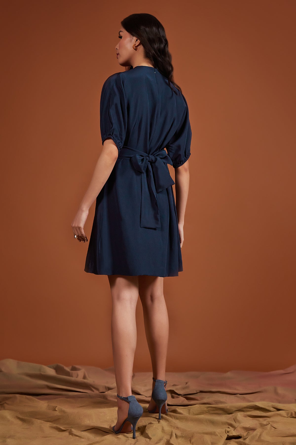 Navy High Neck Pleated Dress