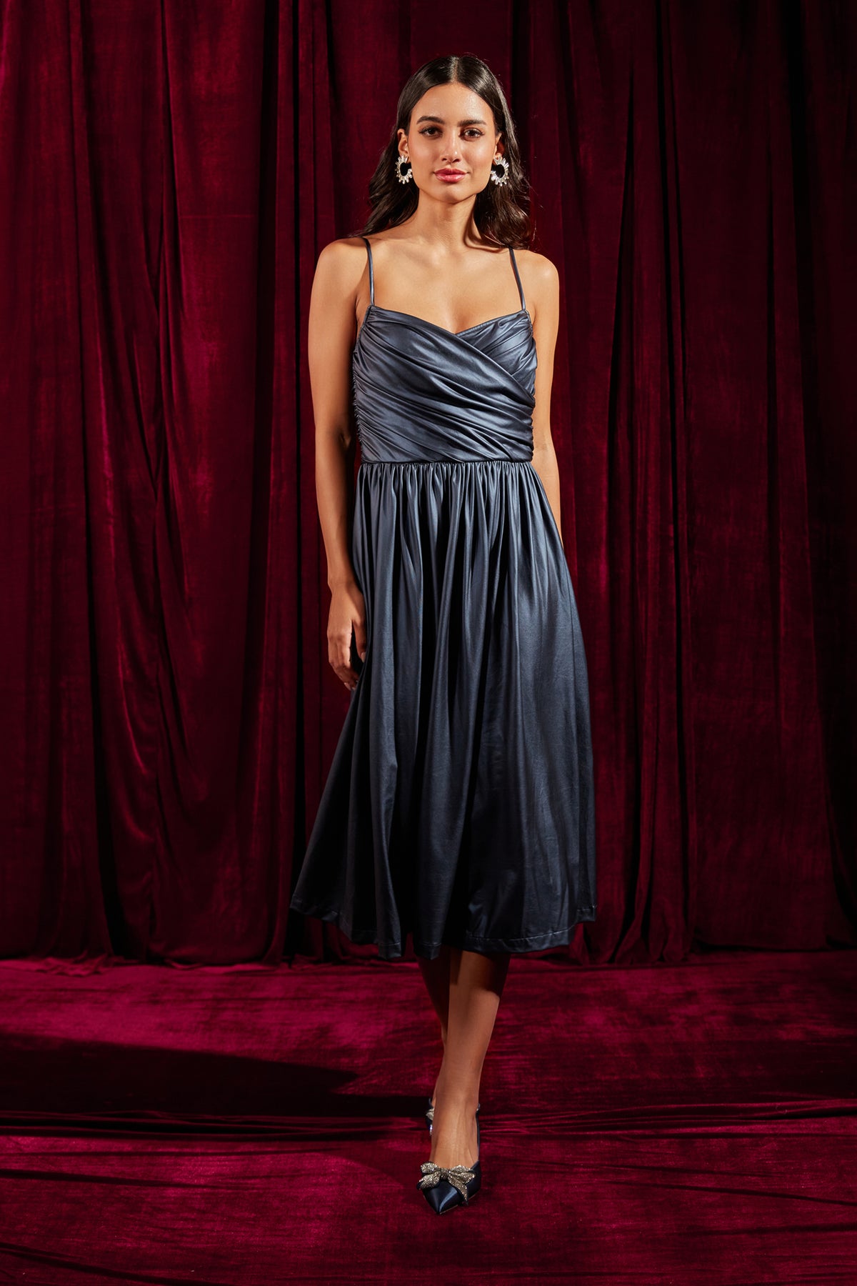 Metallic Blue Draped Bustier Midi Dress