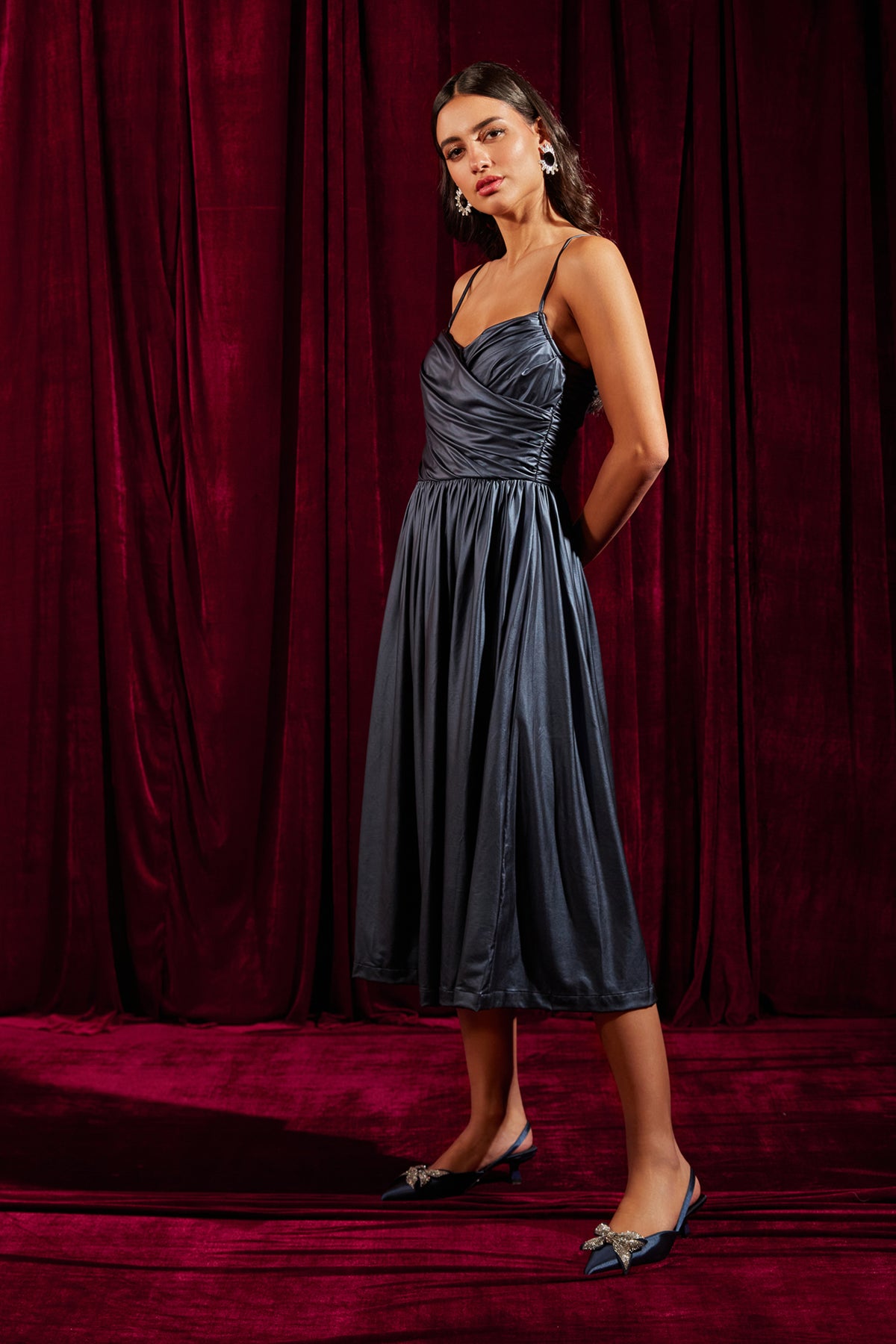 Metallic Blue Draped Bustier Midi Dress