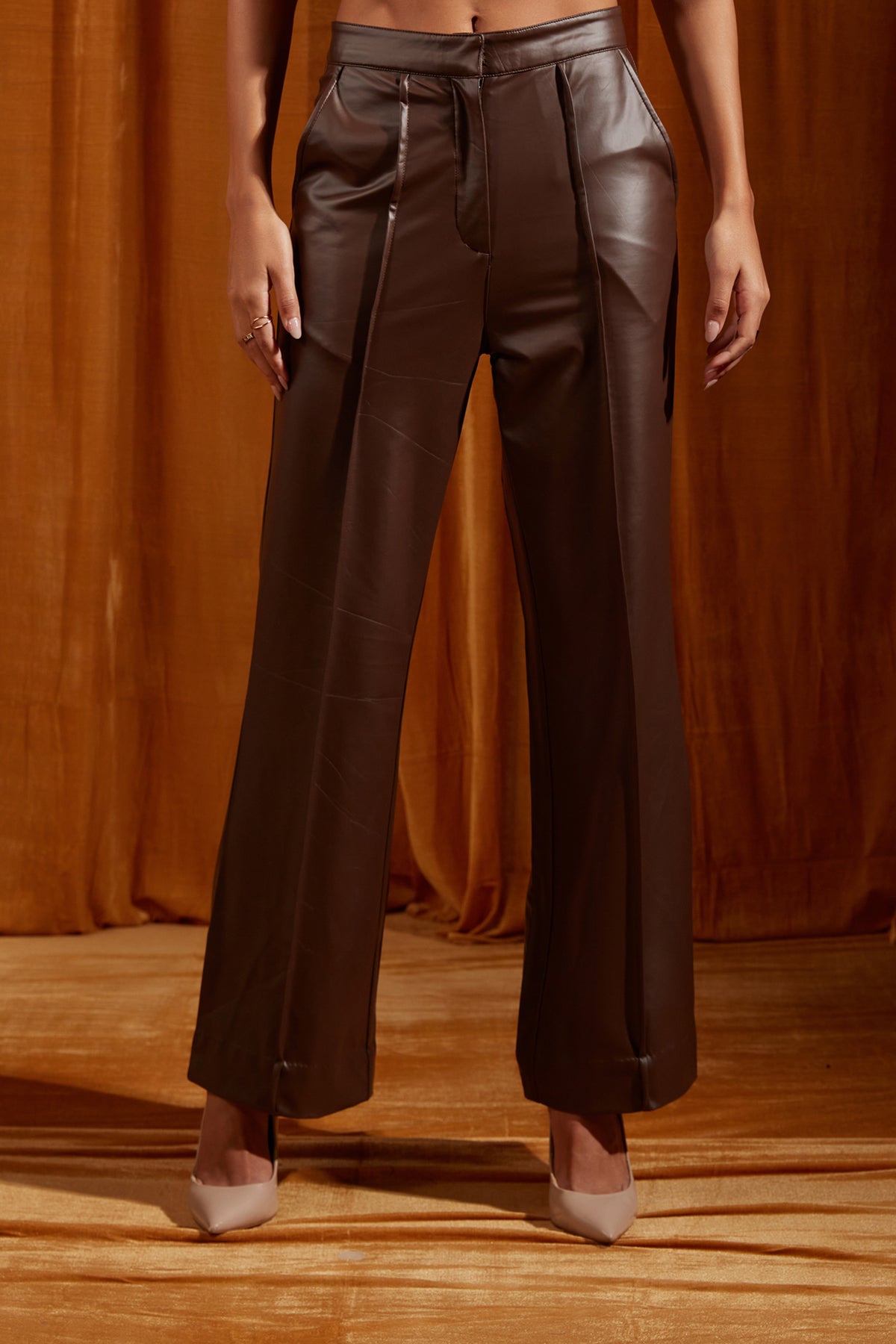 Mocha Faux Leather Straight-fit Trousers