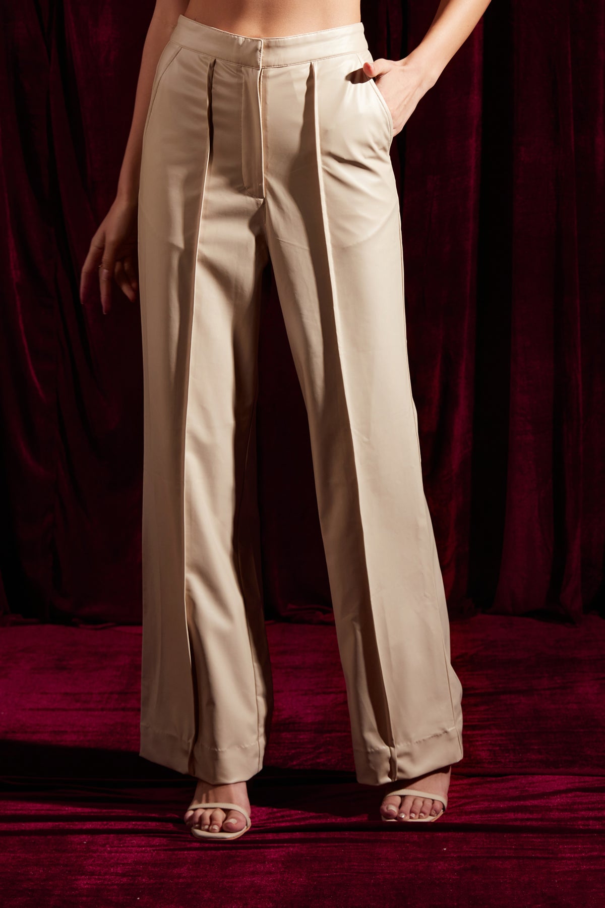 Crème Faux Leather Straight Fit Trousers