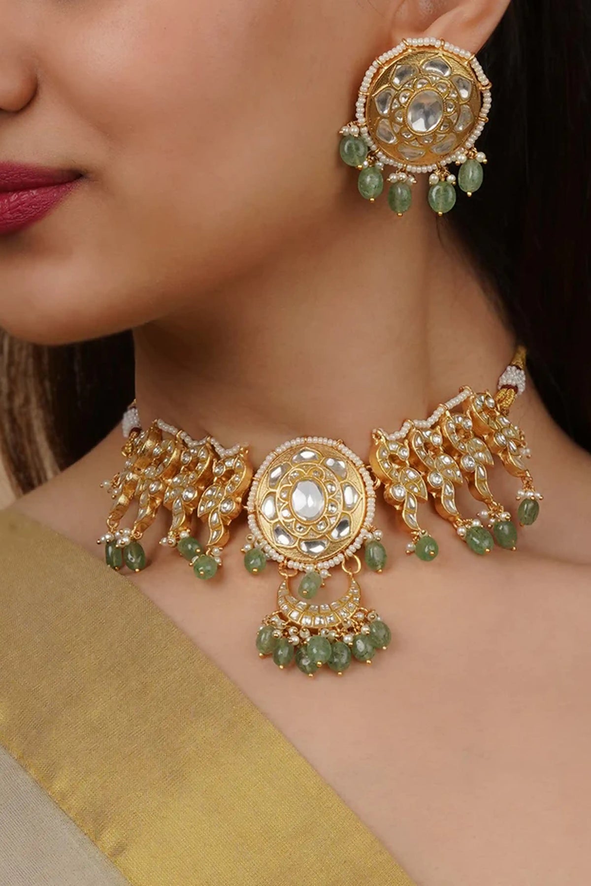 Green Thappa Jadau Kundan Necklace Set