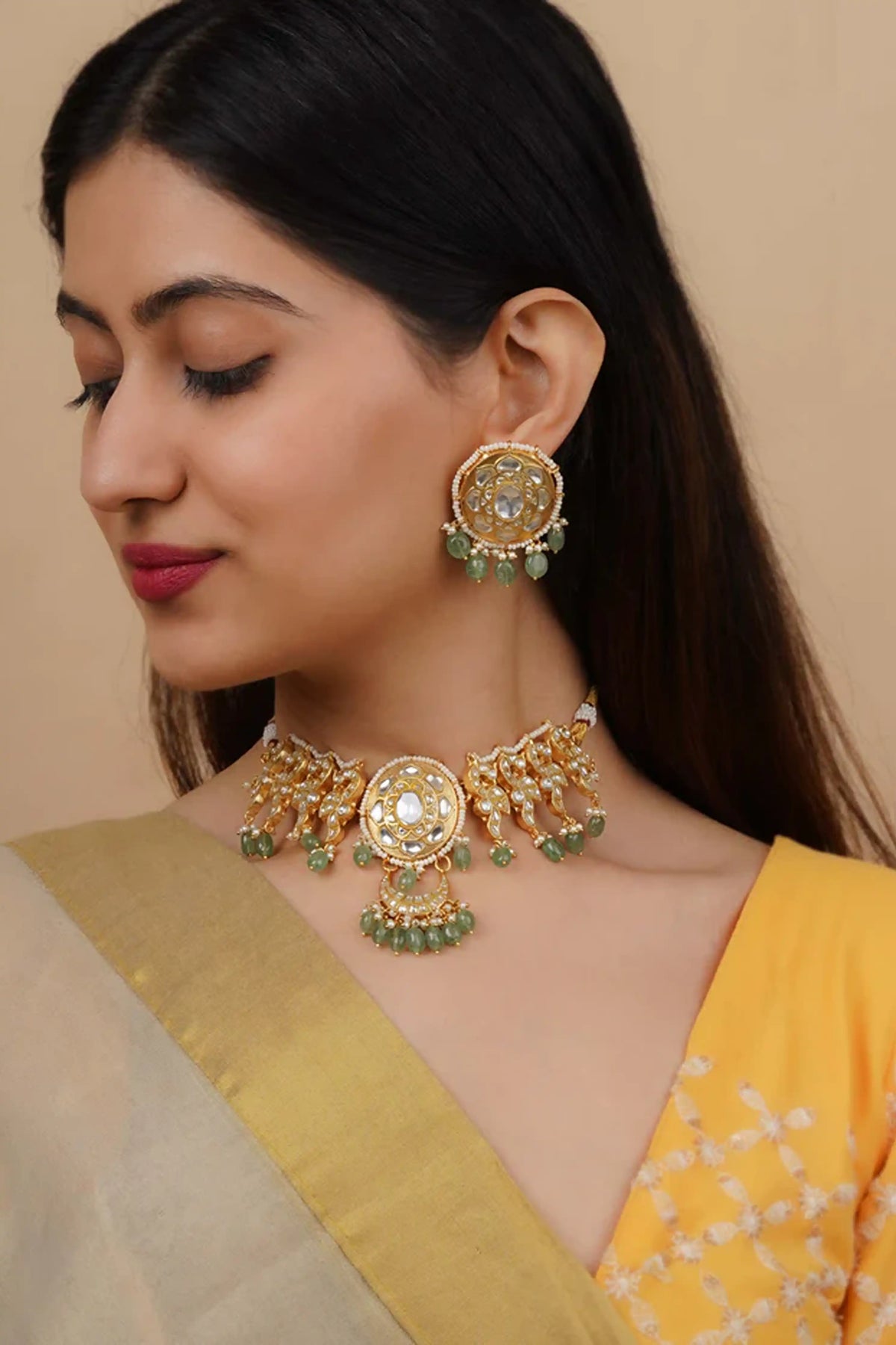 Green Thappa Jadau Kundan Necklace Set