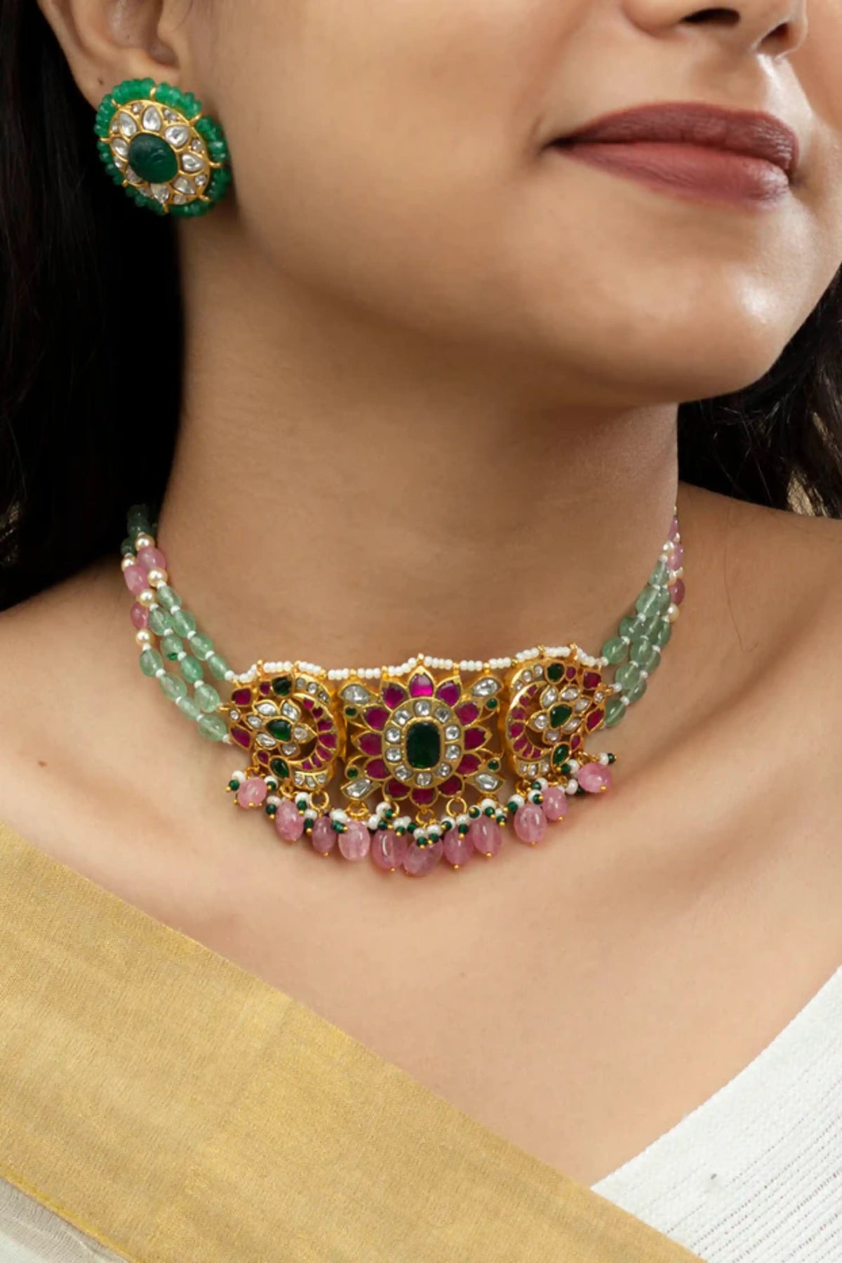 Multicolor Gold Plated Temple Necklace Set