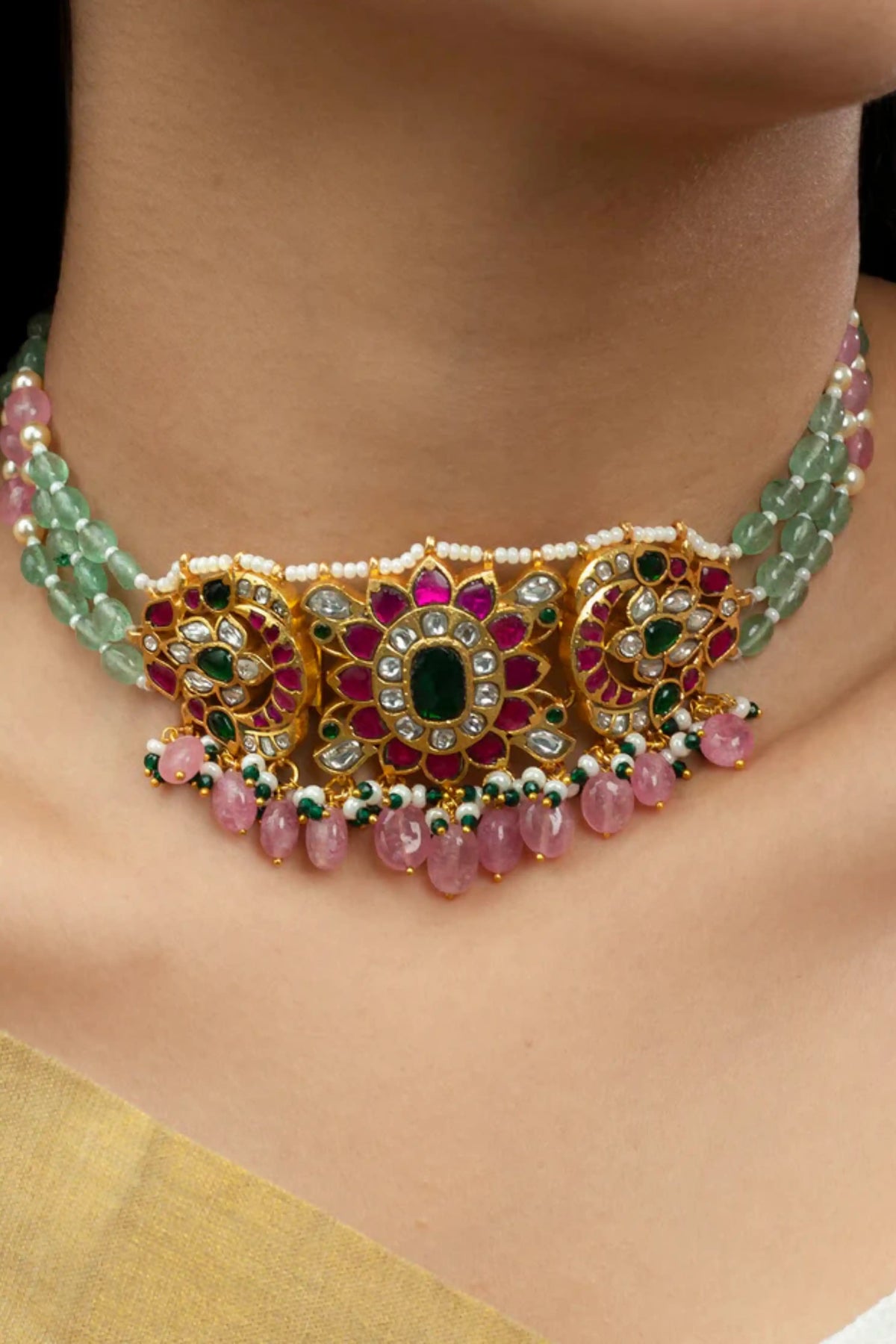 Multicolor Gold Plated Temple Necklace Set