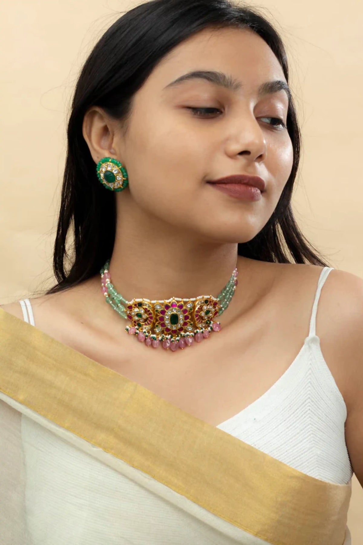 Multicolor Gold Plated Temple Necklace Set
