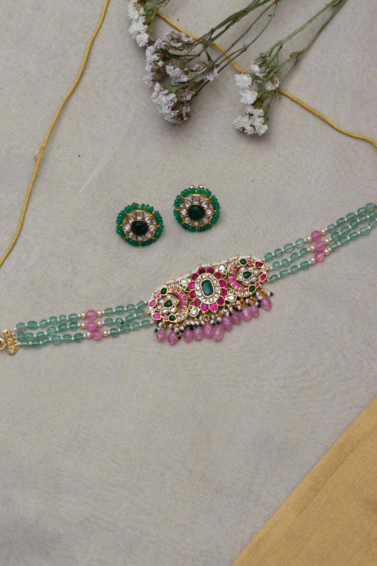 Multicolor Gold Plated Temple Necklace Set