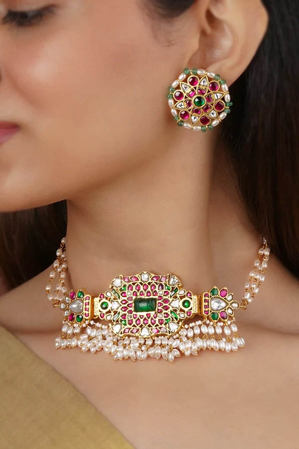 Multicolor Gold Plated Temple Necklace Set