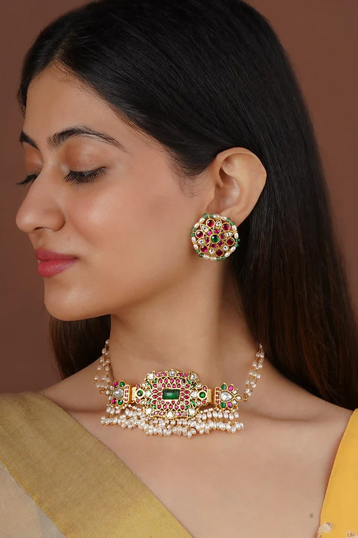 Multicolor Gold Plated Temple Necklace Set