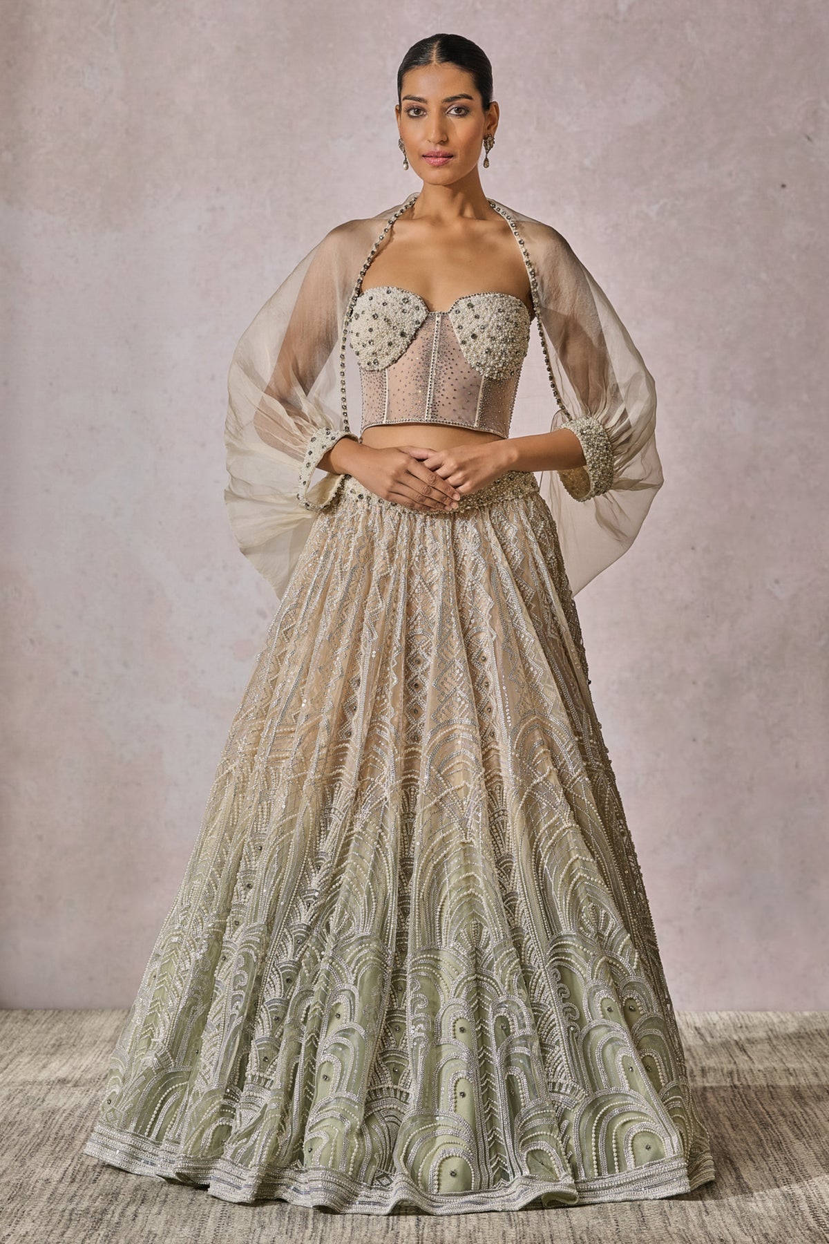 Ivory-mint sequin embroidered panelled lehenga set