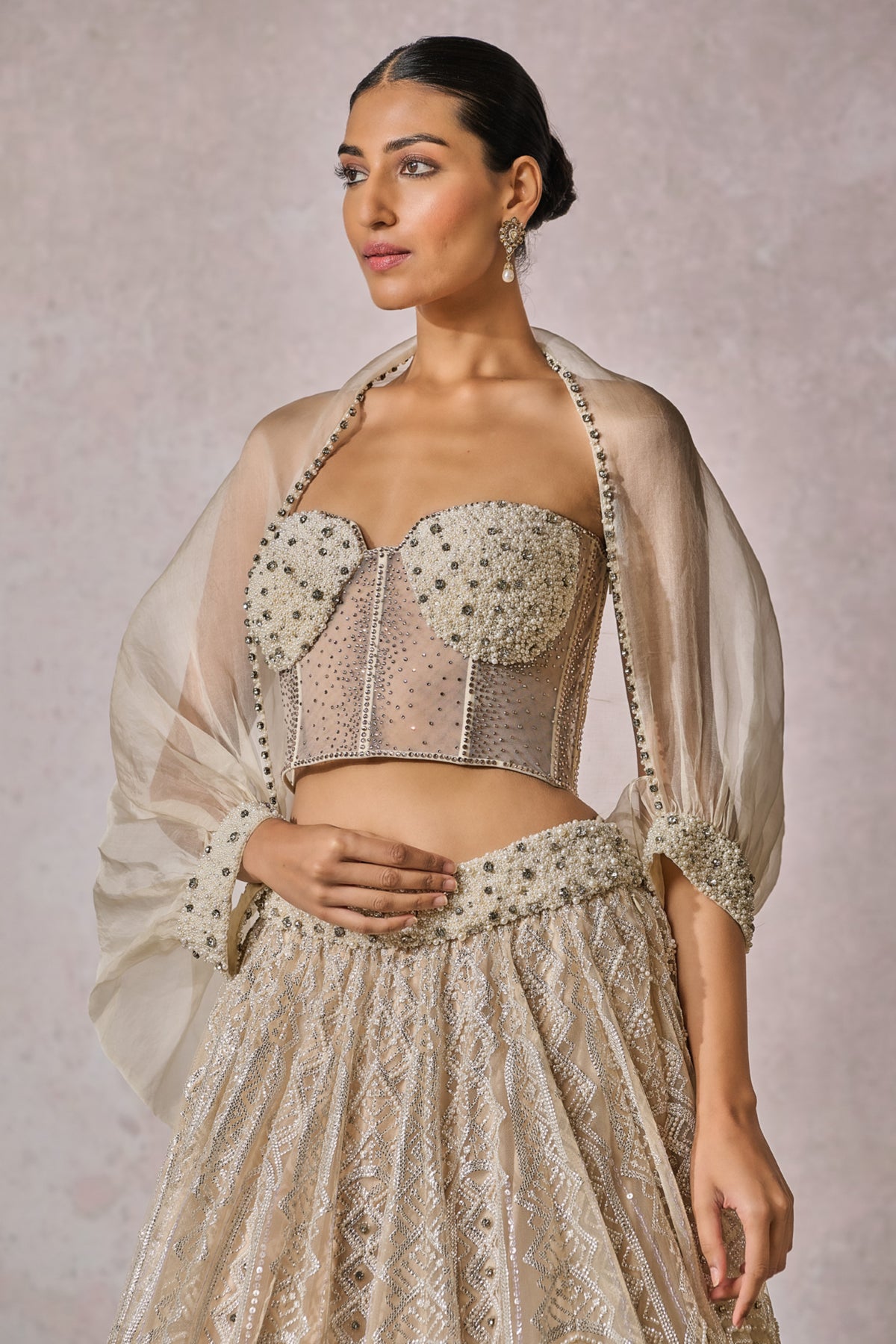 Ivory-mint sequin embroidered panelled lehenga set