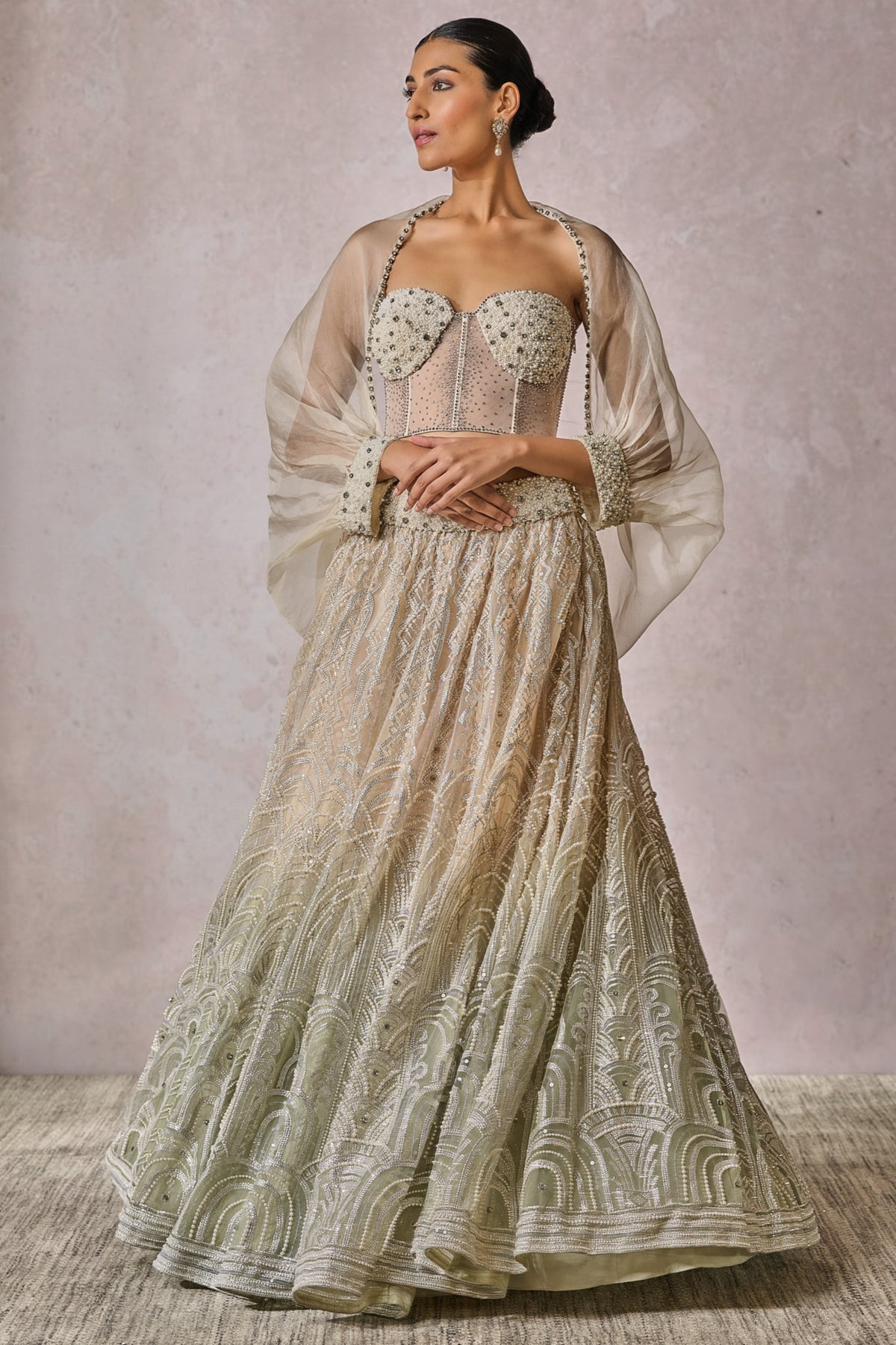 Ivory-mint sequin embroidered panelled lehenga set