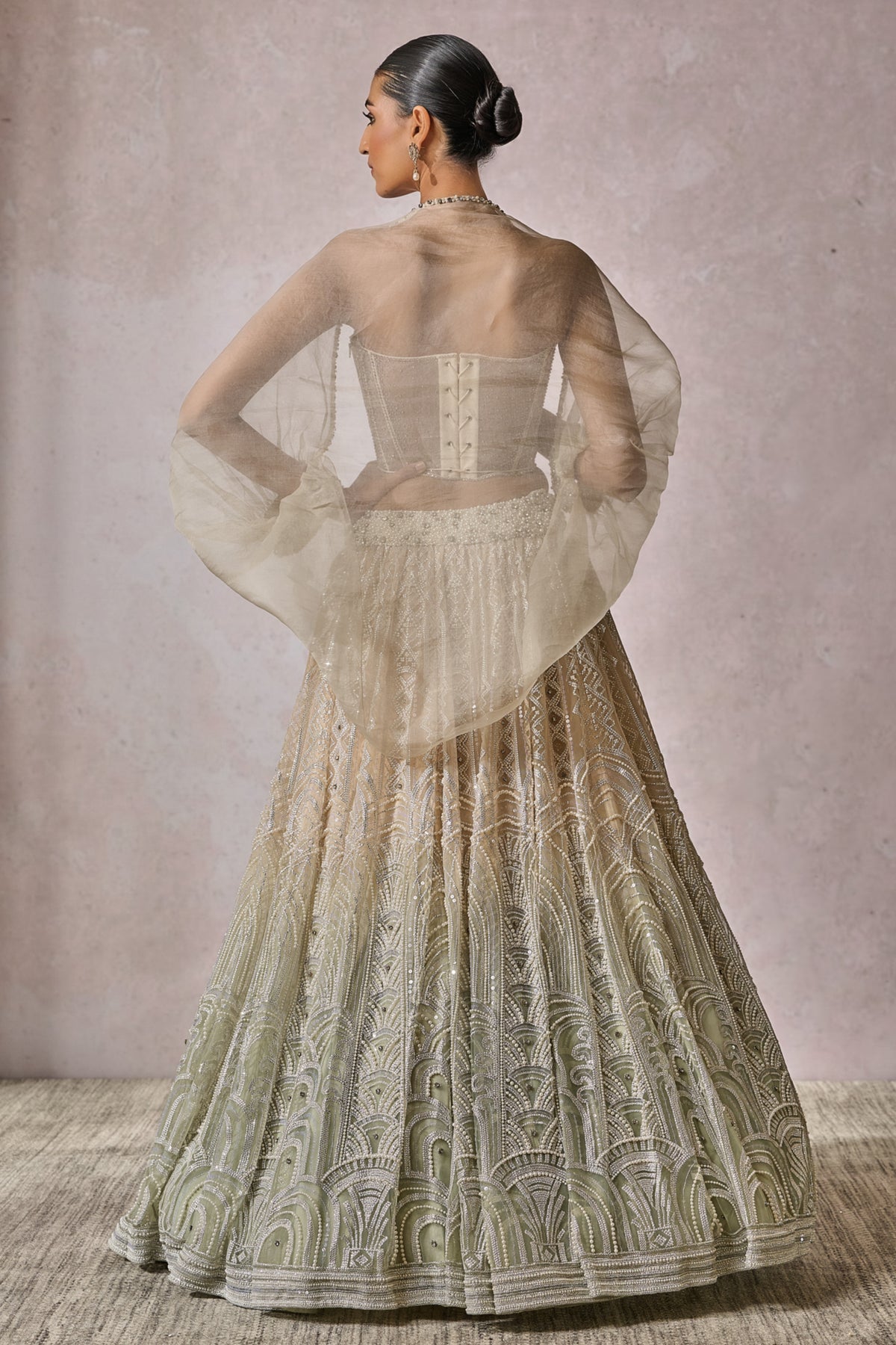 Ivory-mint sequin embroidered panelled lehenga set
