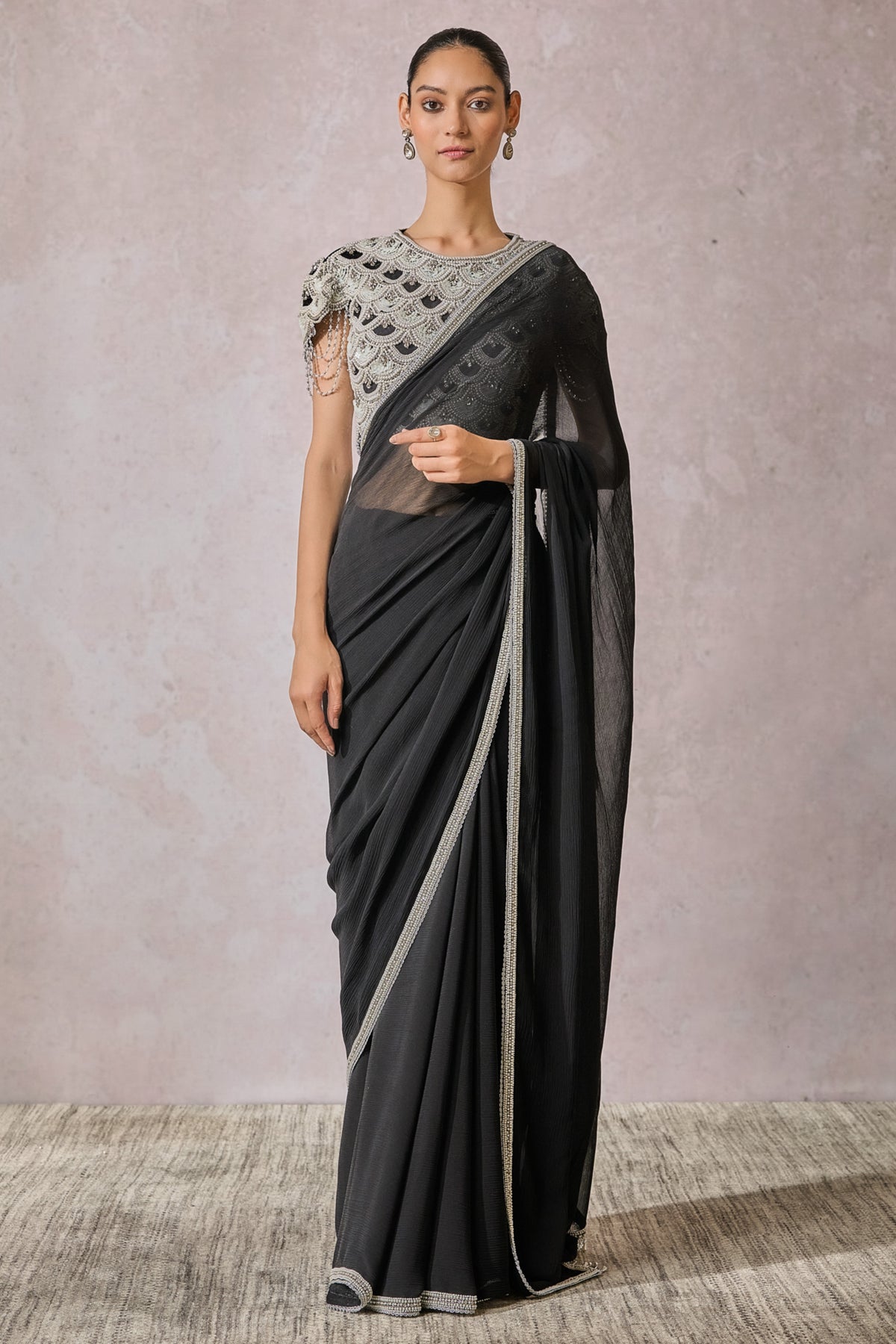 Black Drape Saree With Blouse