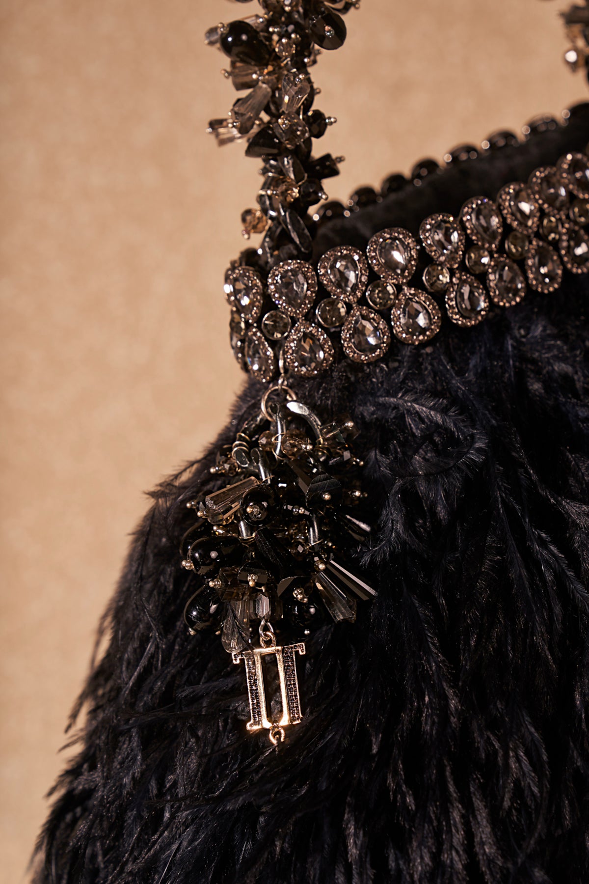 Black Jeweled Feather Bag