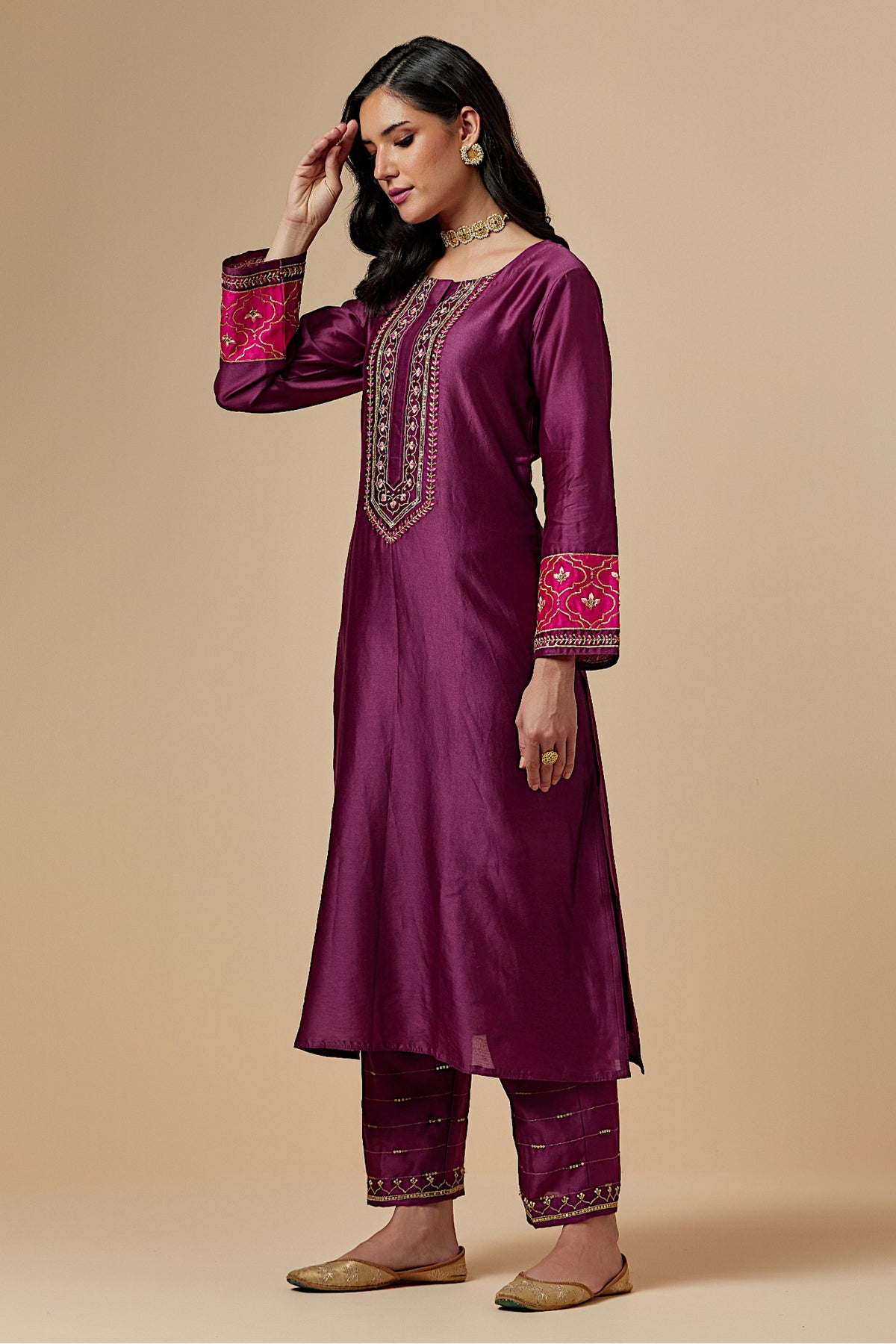 Wine Silk A-line Kurta