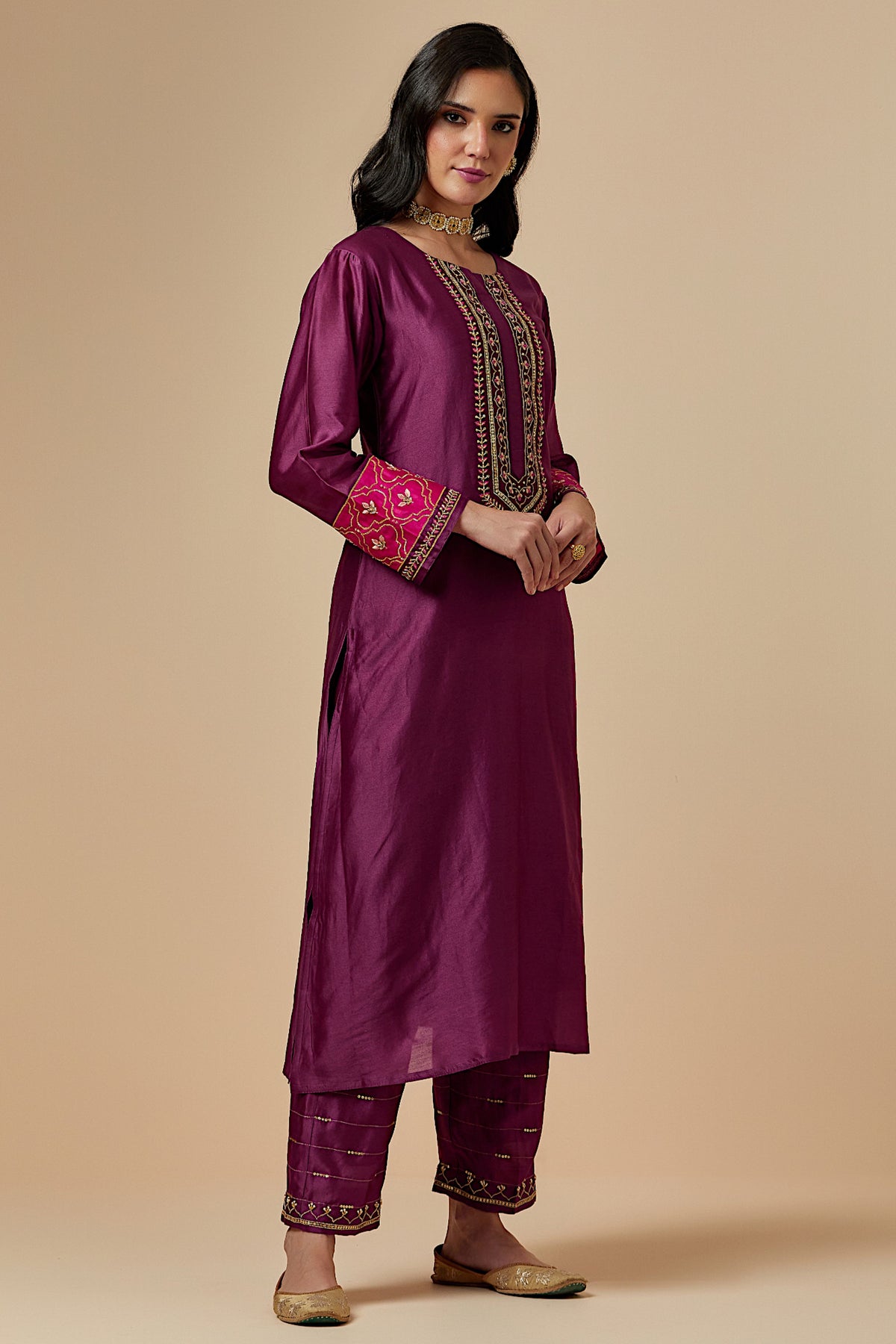 Wine Silk A-line Kurta