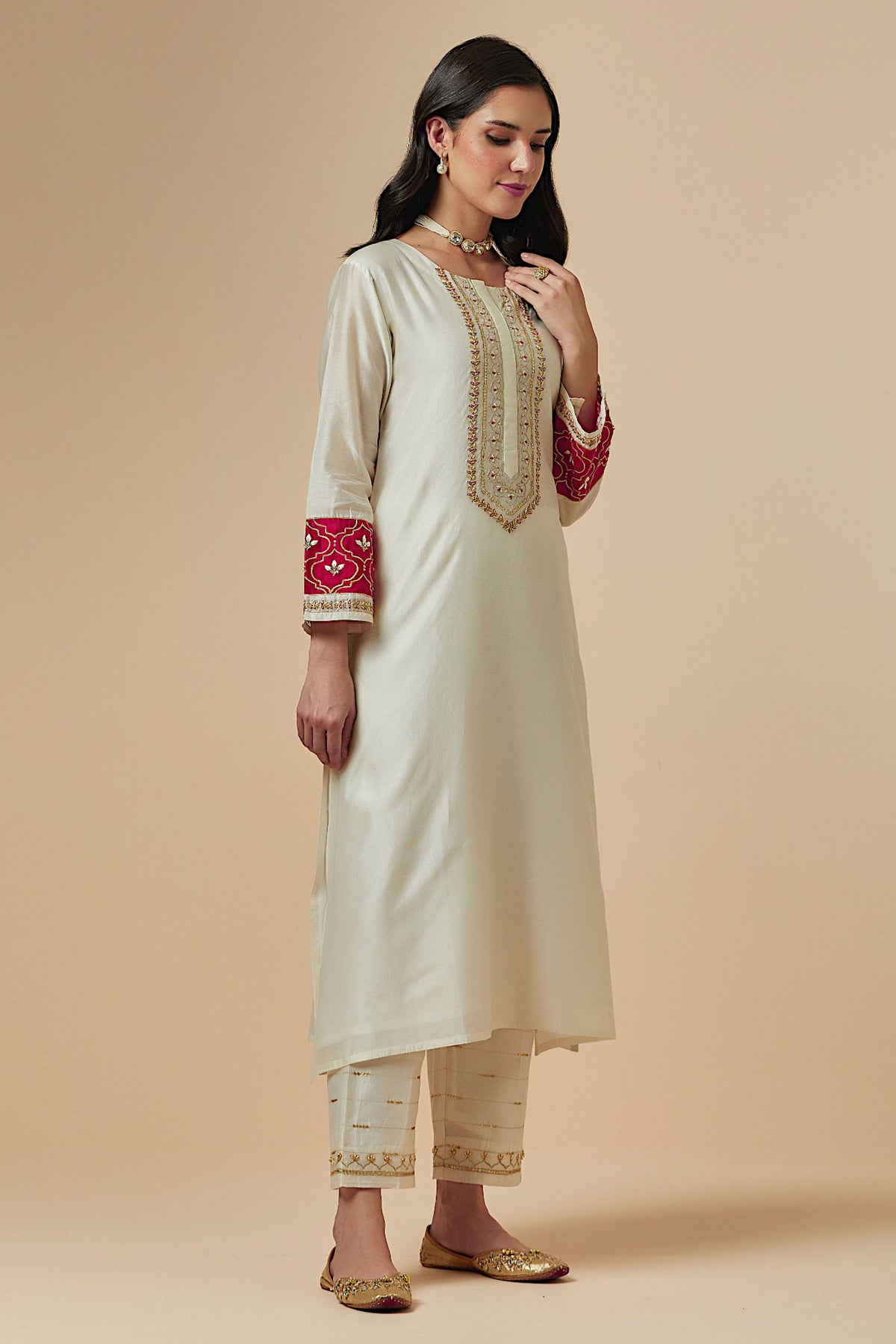 Off White Silk A-line Kurta