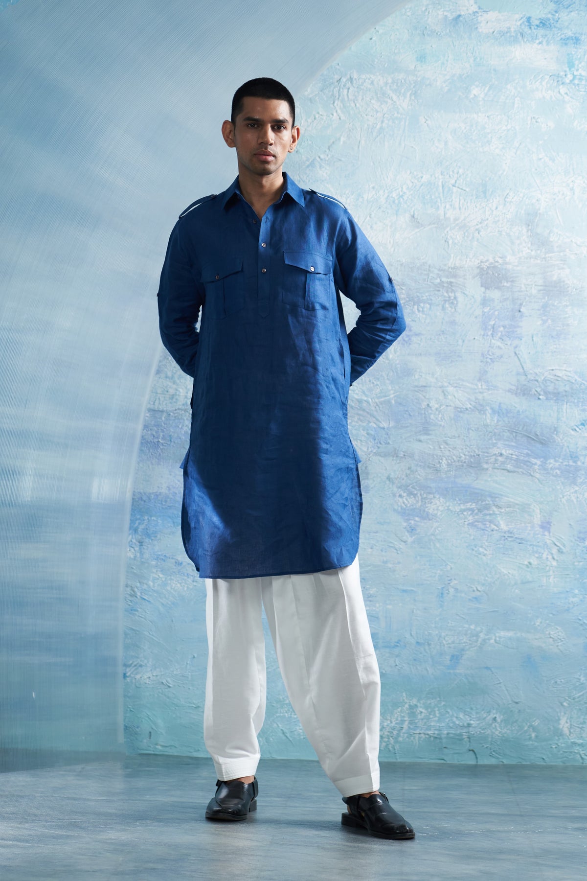 Royal Blue Linen Pathani Salwar Set