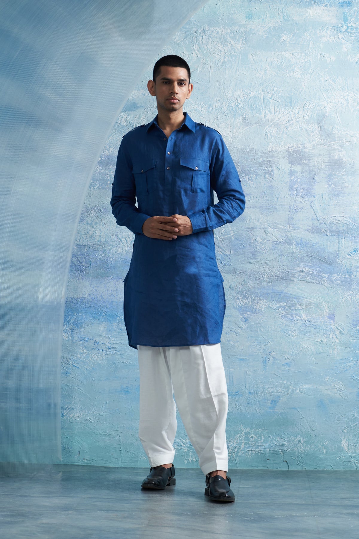 Royal Blue Linen Pathani Salwar Set
