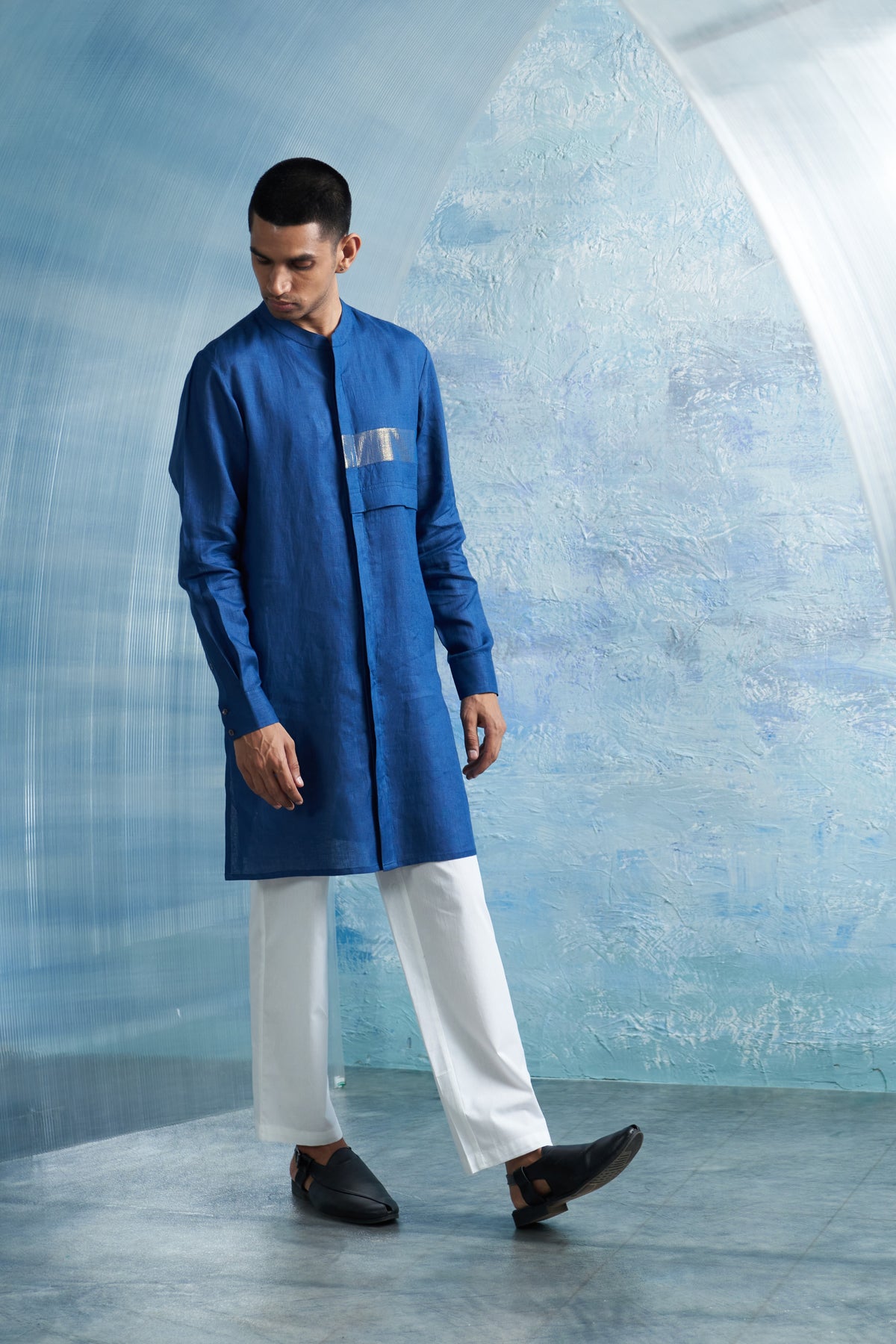 Royal Blue Placket Kurta &amp; Jacket Set