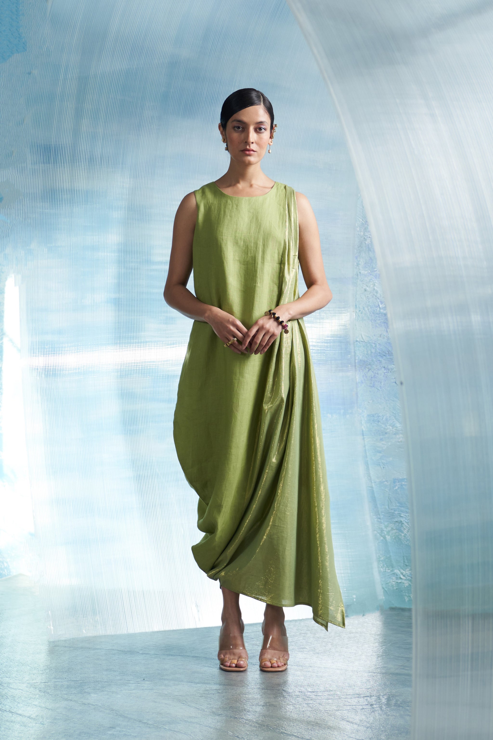 Charkhee Sheen Green Draped Dress | Indiaspopup.com M Charkhee Sheen Green Draped Dress | Indiaspopup.com M