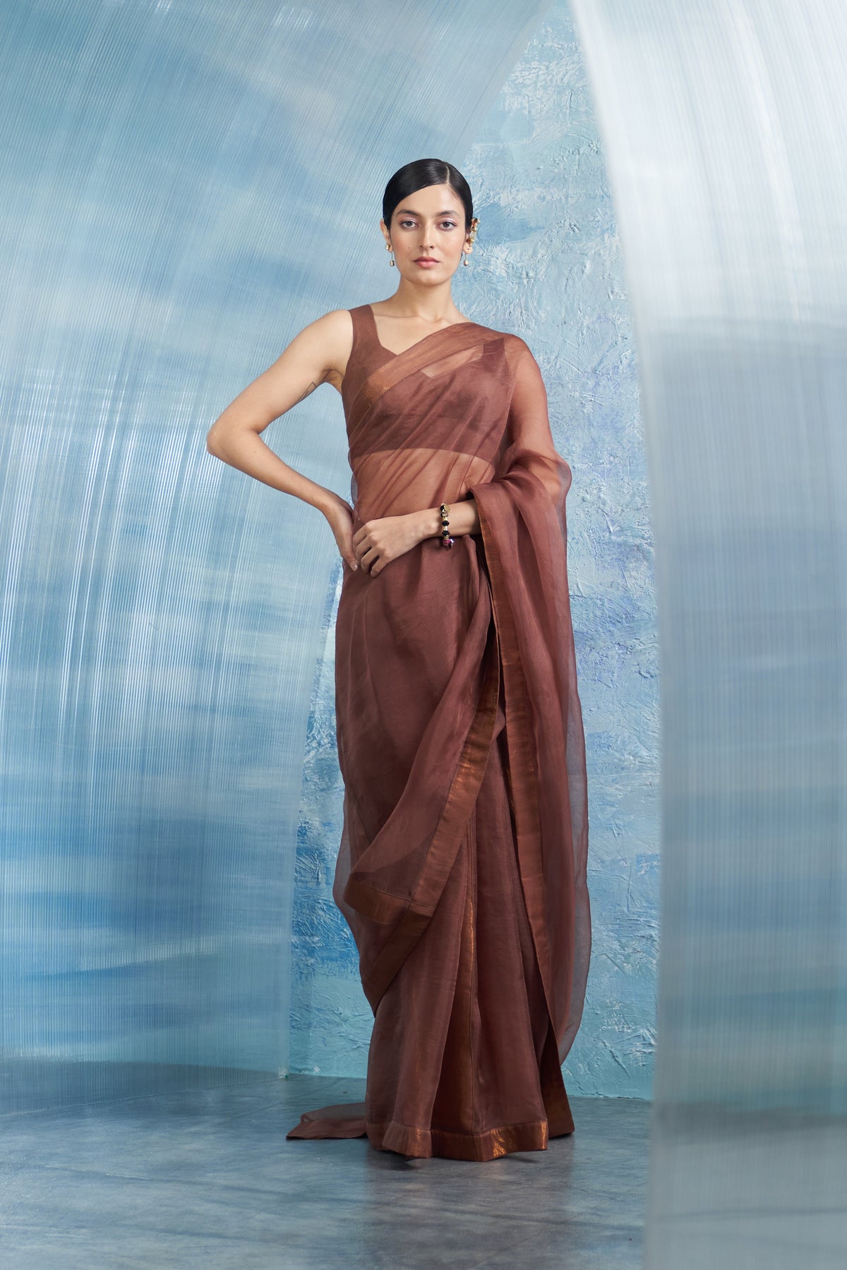 Aura Woody Brown Saree Set