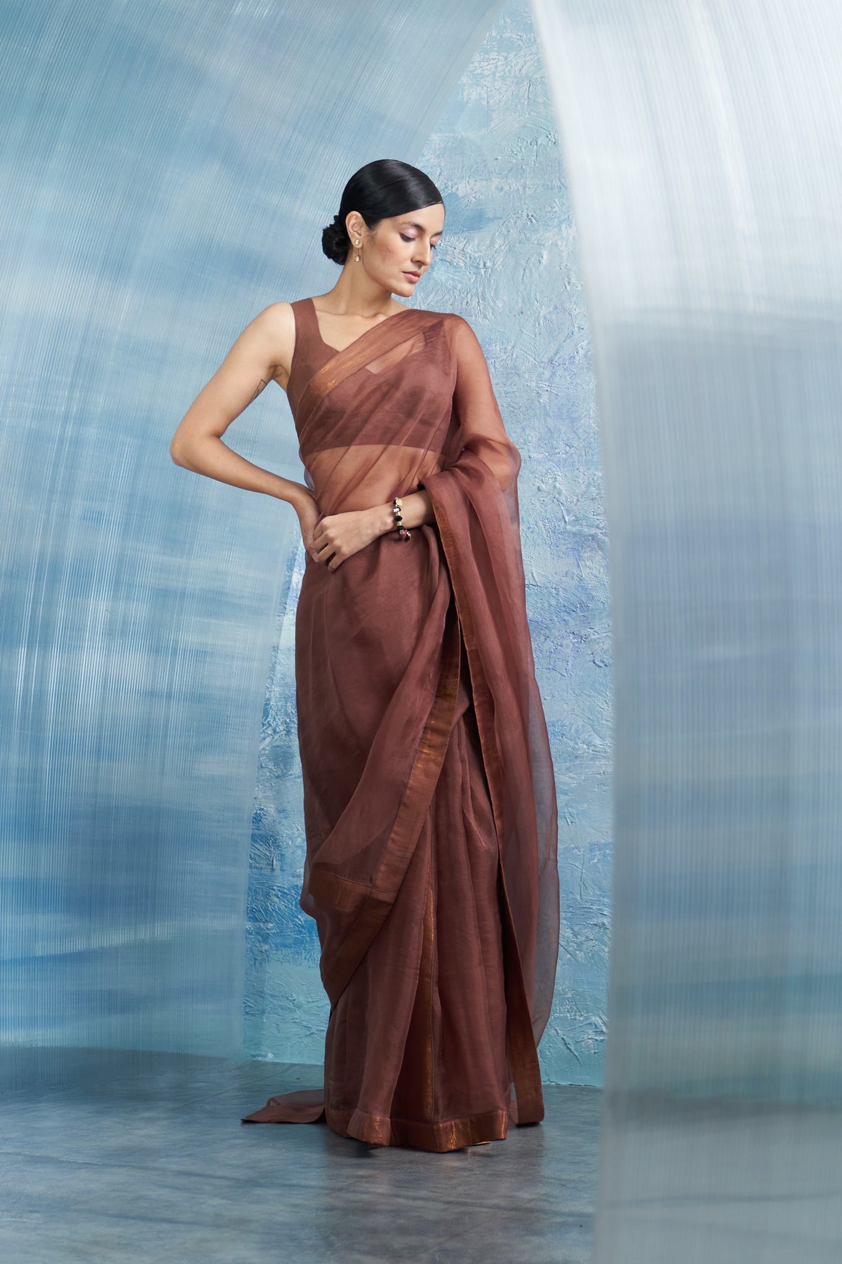 Aura Woody Brown Saree Set