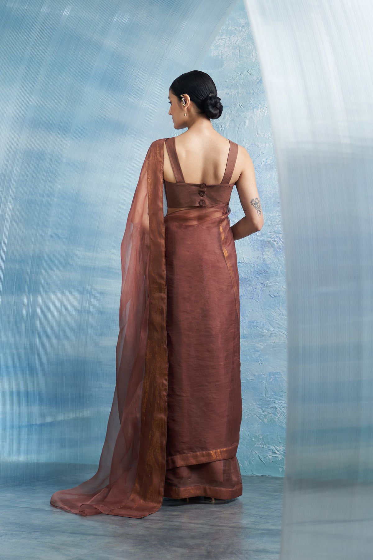 Aura Woody Brown Saree Set