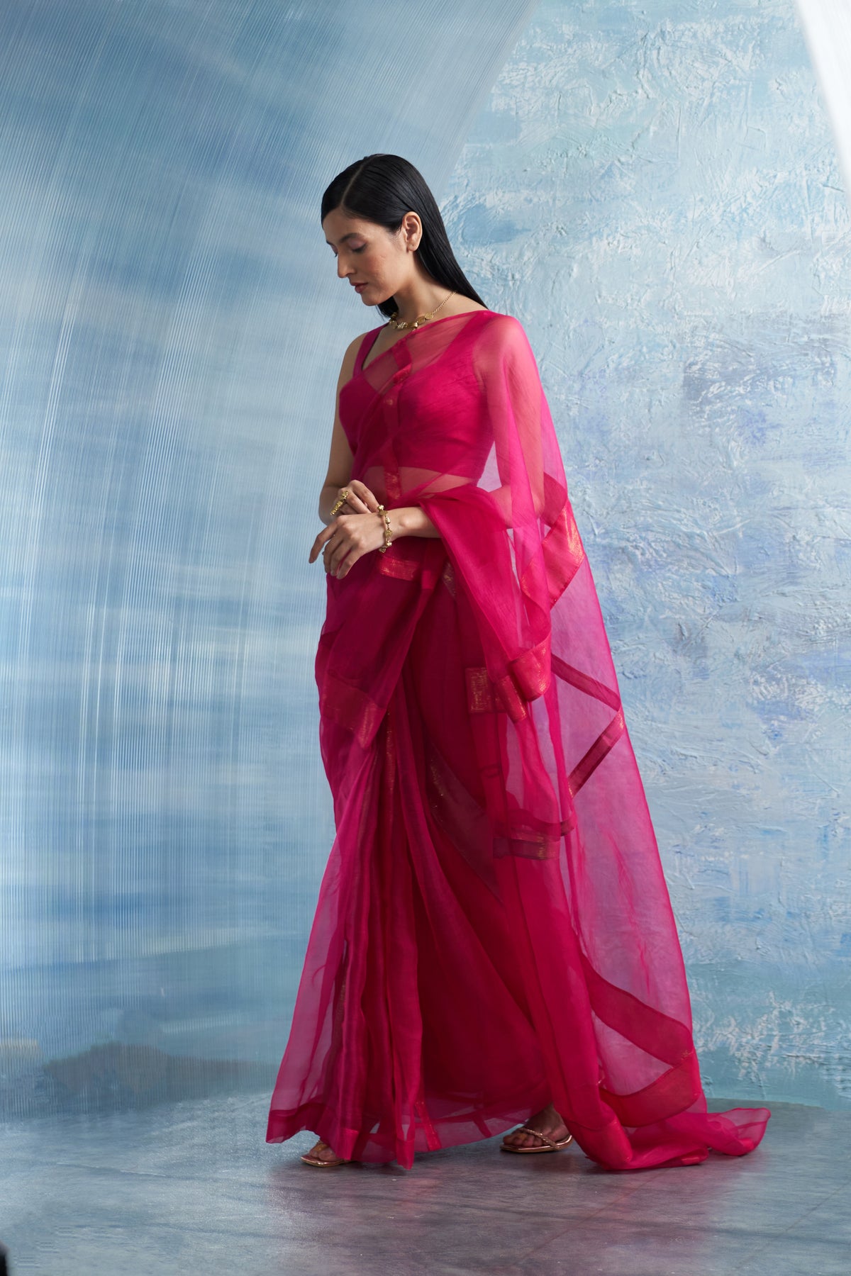 Fuchsia Pink Organza Saree Set