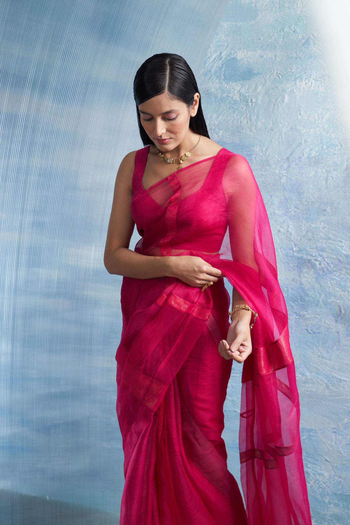 Fuchsia Pink Organza Saree Set