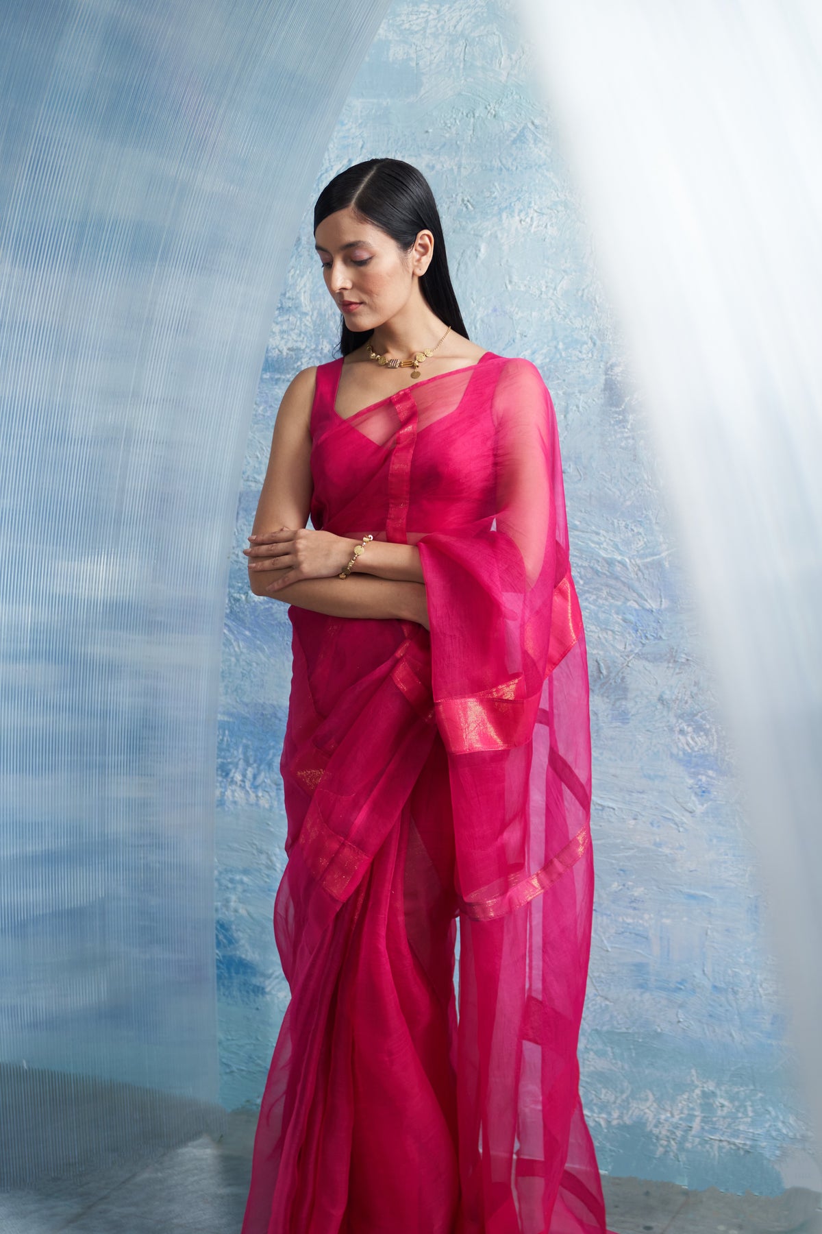 Fuchsia Pink Organza Saree Set