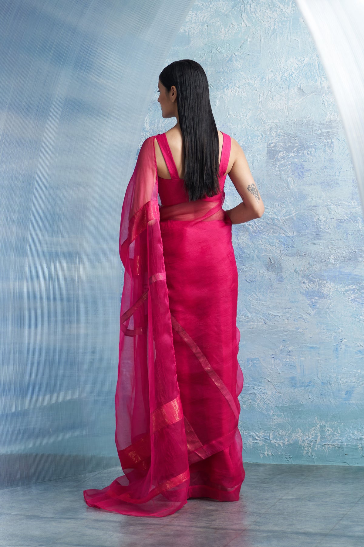 Fuchsia Pink Organza Saree Set