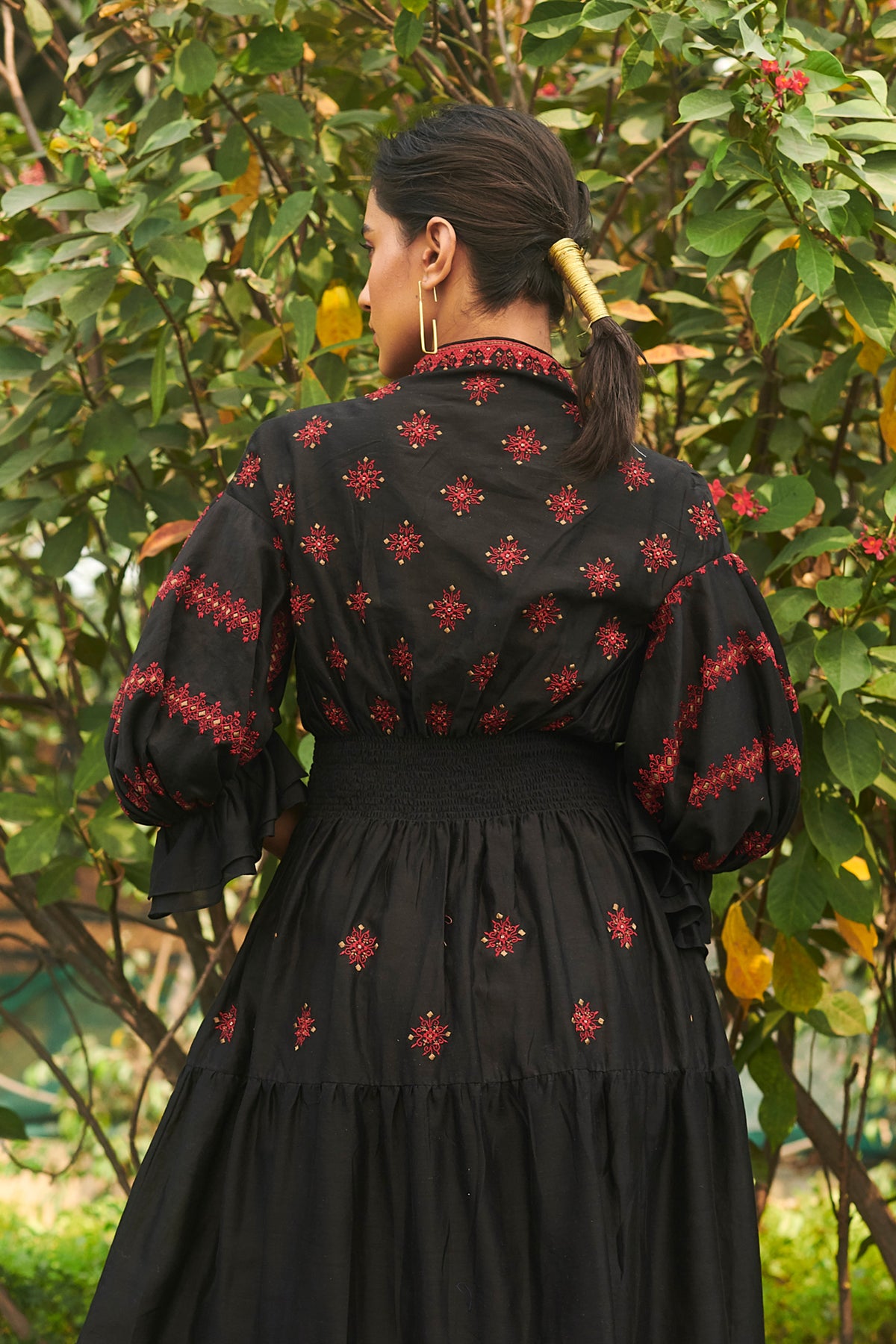 Black chanderi smocked midi dress