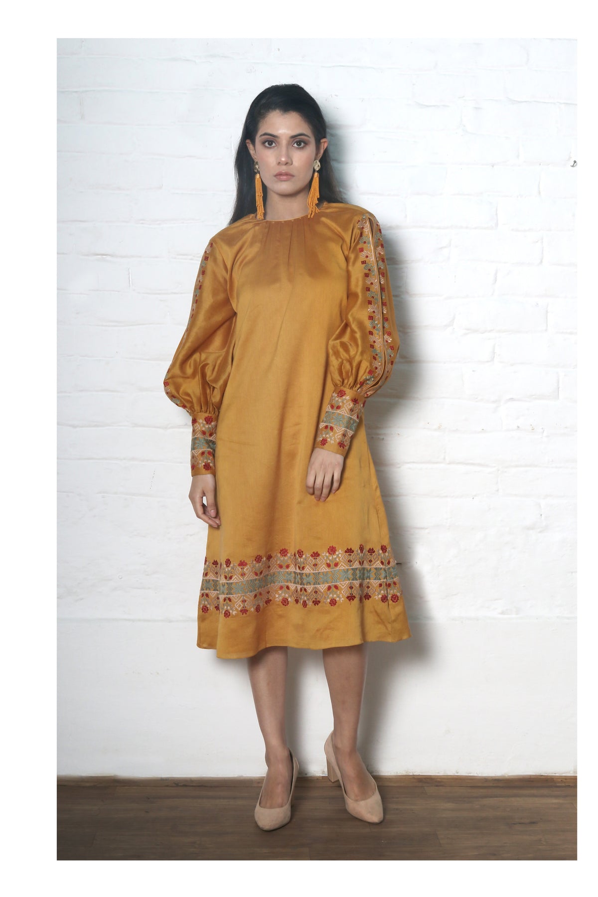 Mustard chanderi split sleeve dress