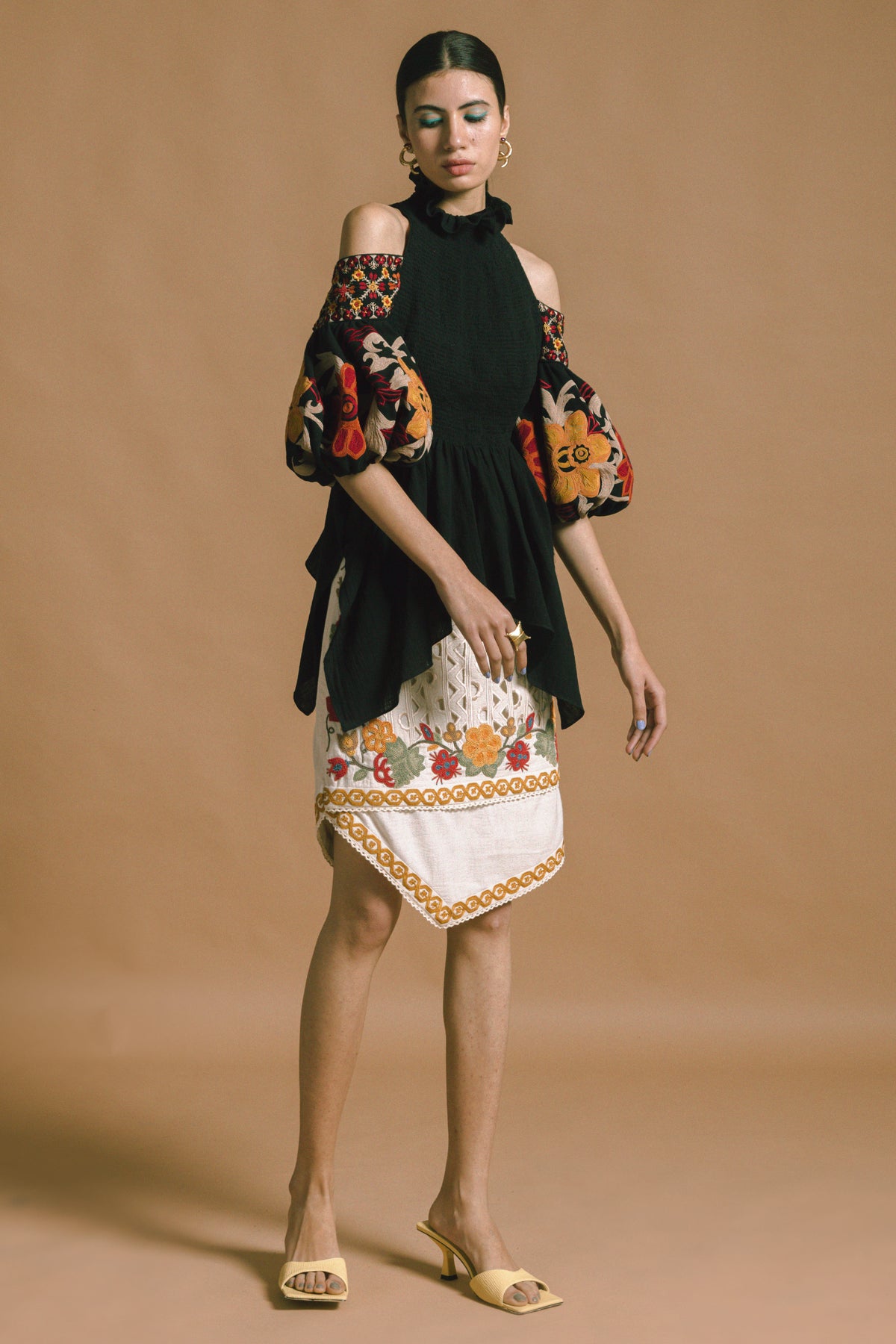 Black kala cotton embroidered smocked top