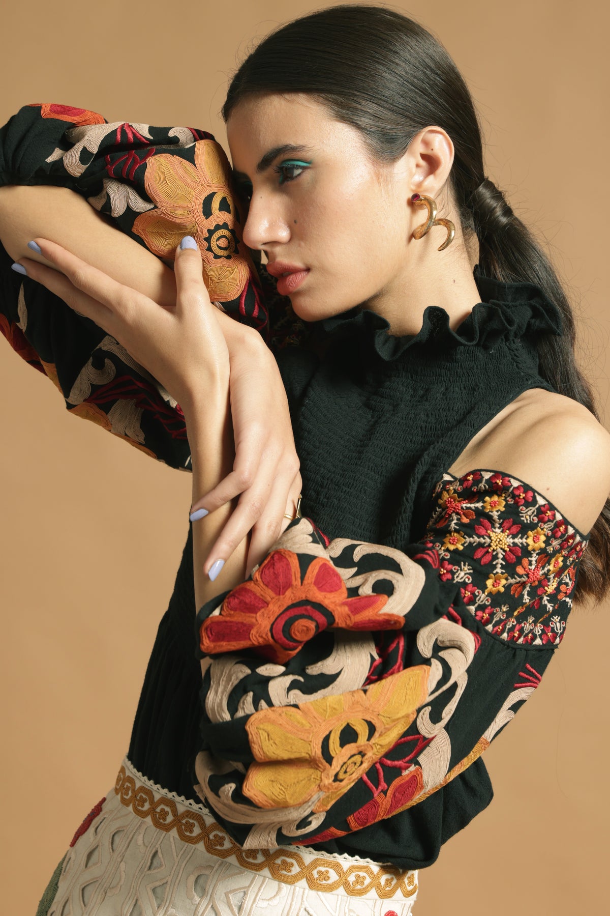 Black kala cotton embroidered smocked top