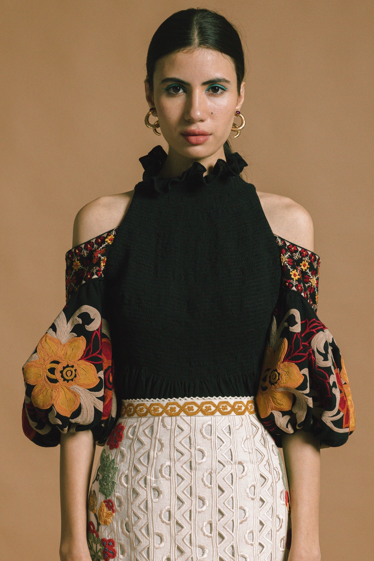Black kala cotton embroidered smocked top