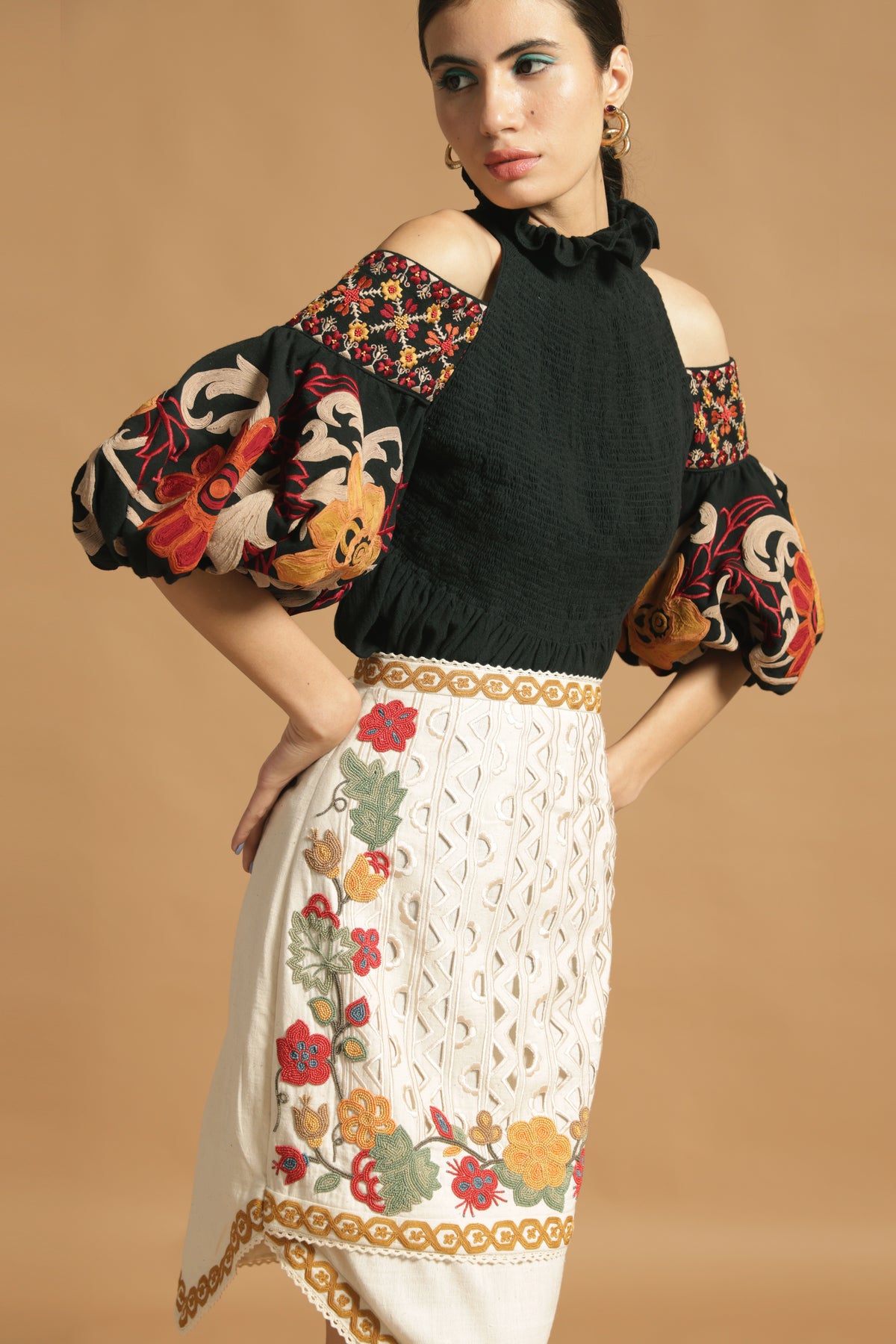 Black kala cotton embroidered smocked top