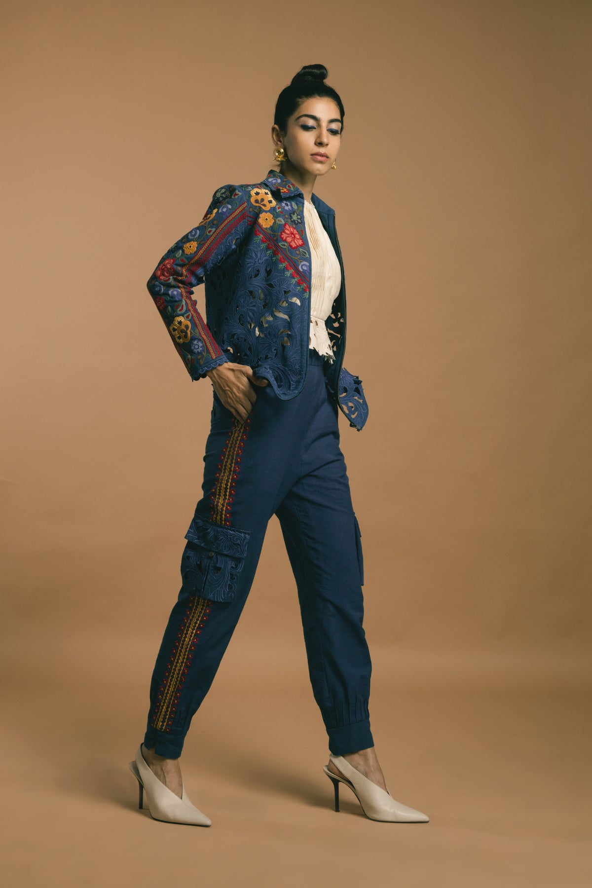 Blue kala cotton panelled short jacket