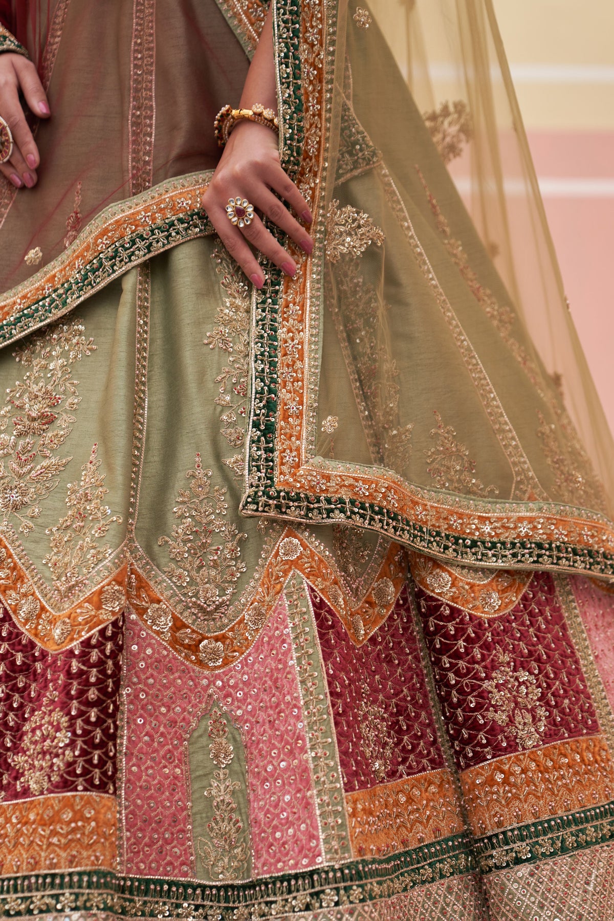 Green Raw Silk Lehenga Set