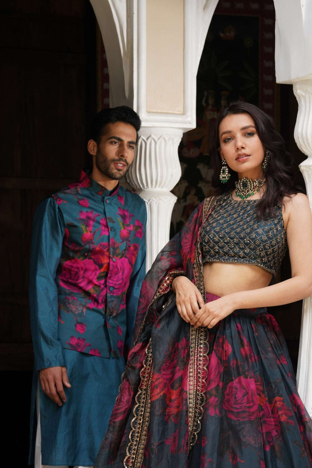 Teal Blue Floral Lehenga Set