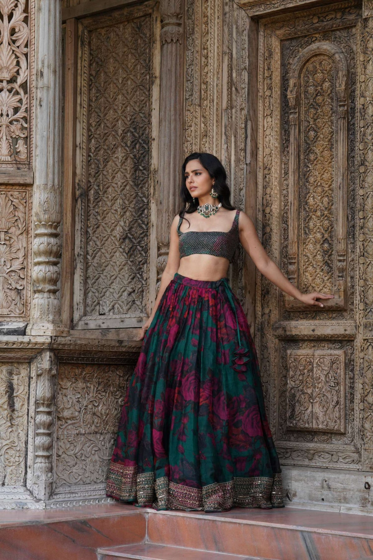 Teal Green Floral Lehenga Set