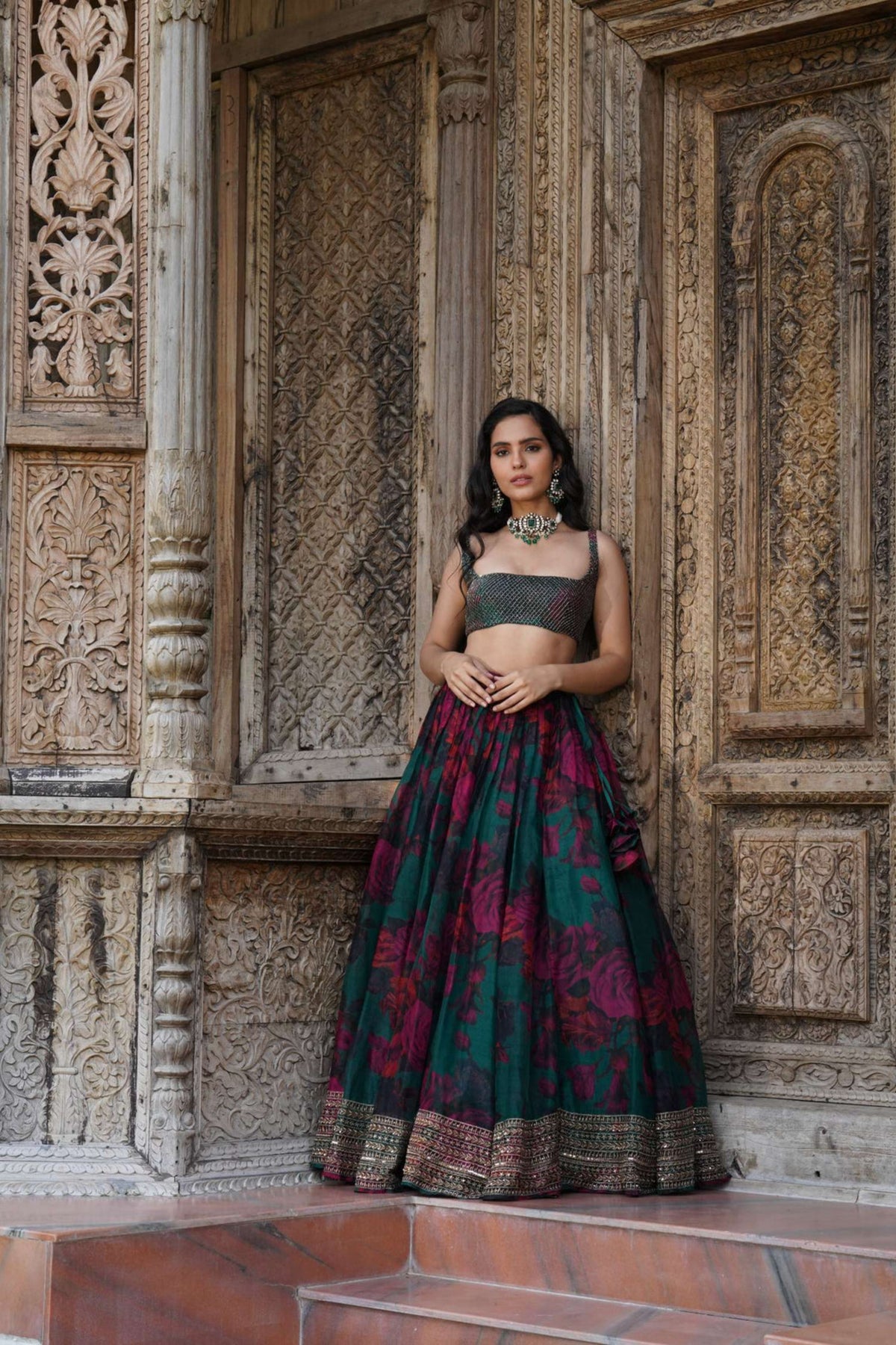 Teal Green Floral Lehenga Set