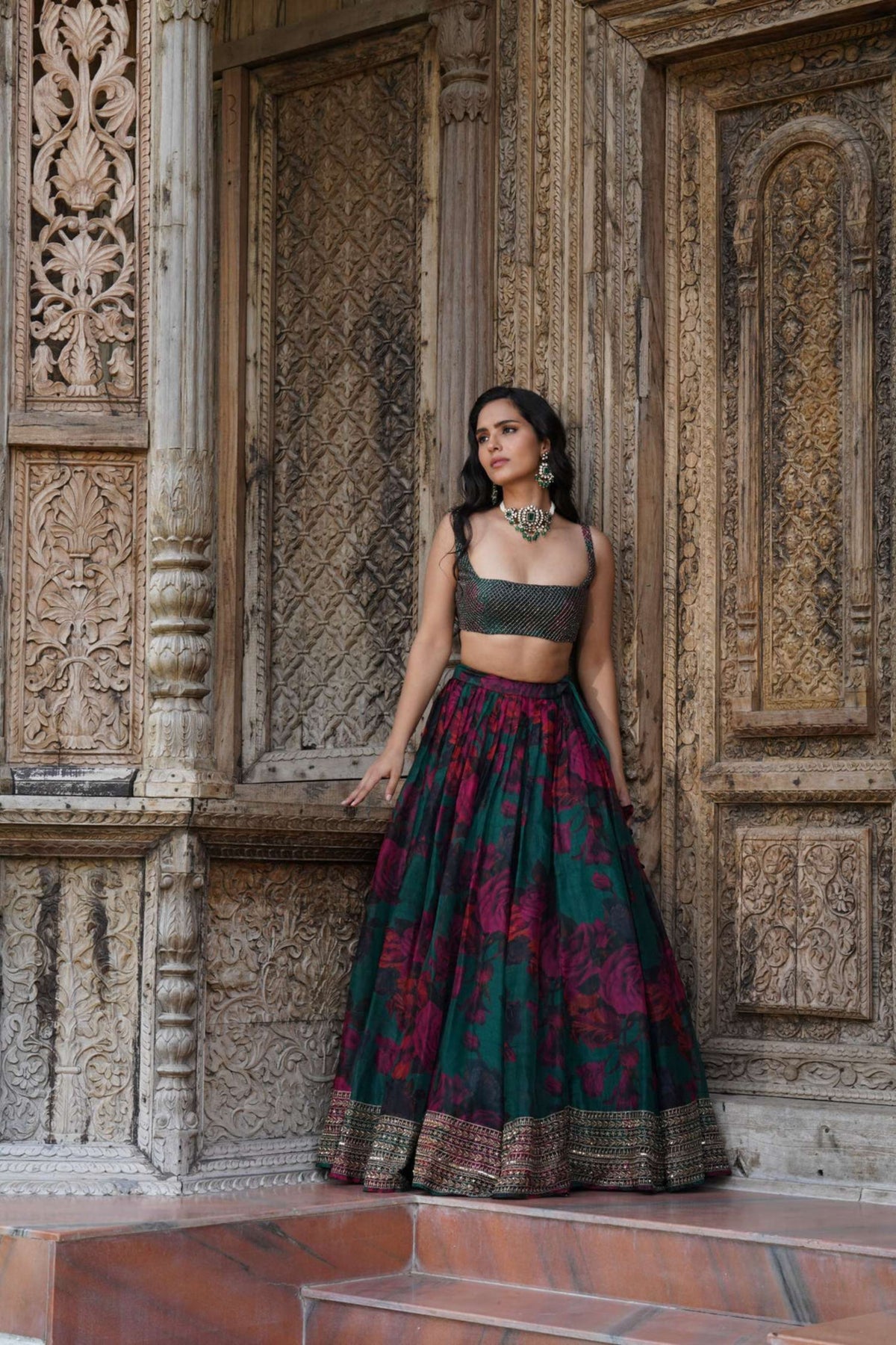 Teal Green Floral Lehenga Set