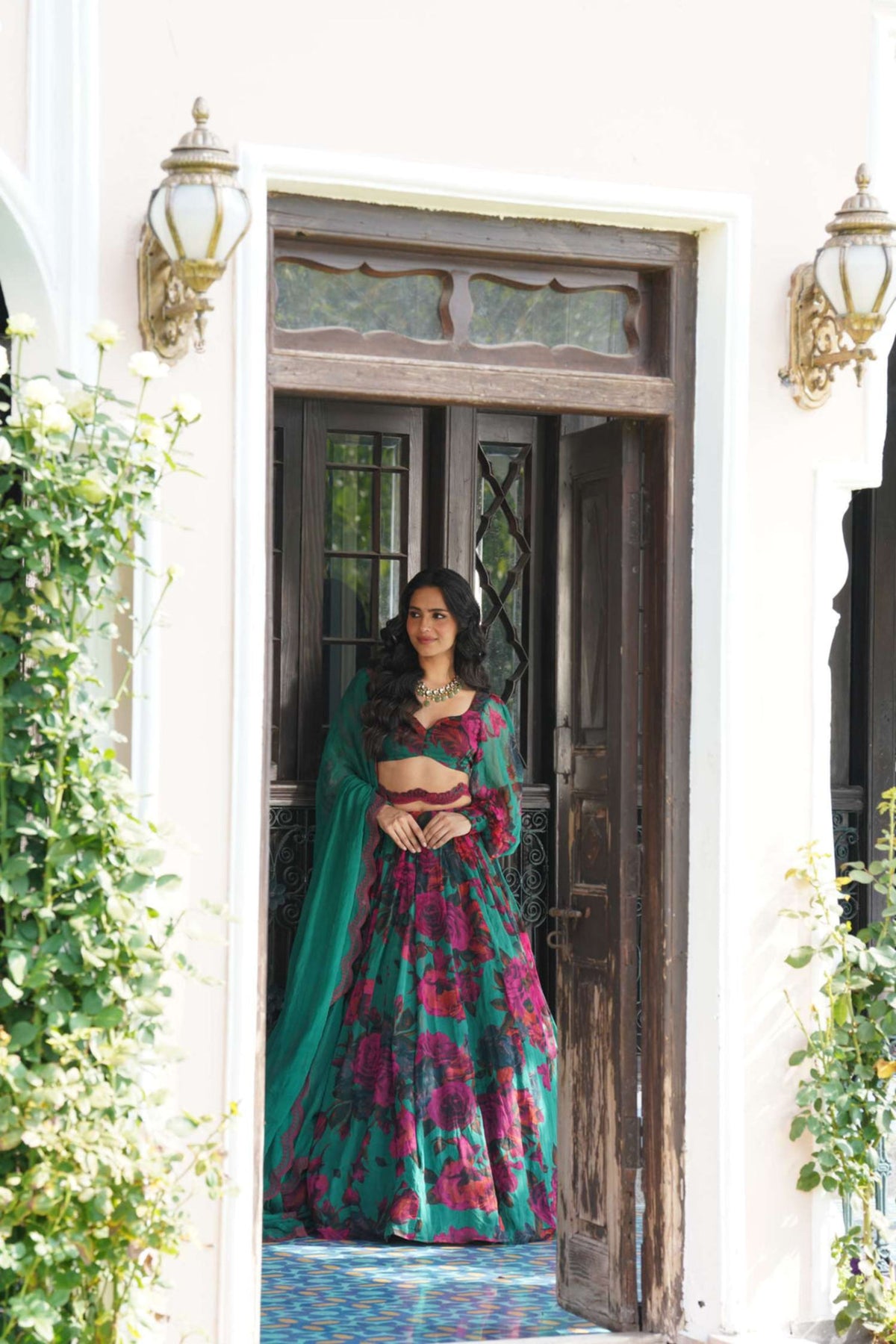 Teal Green Chiffon Floral Lehenga Set